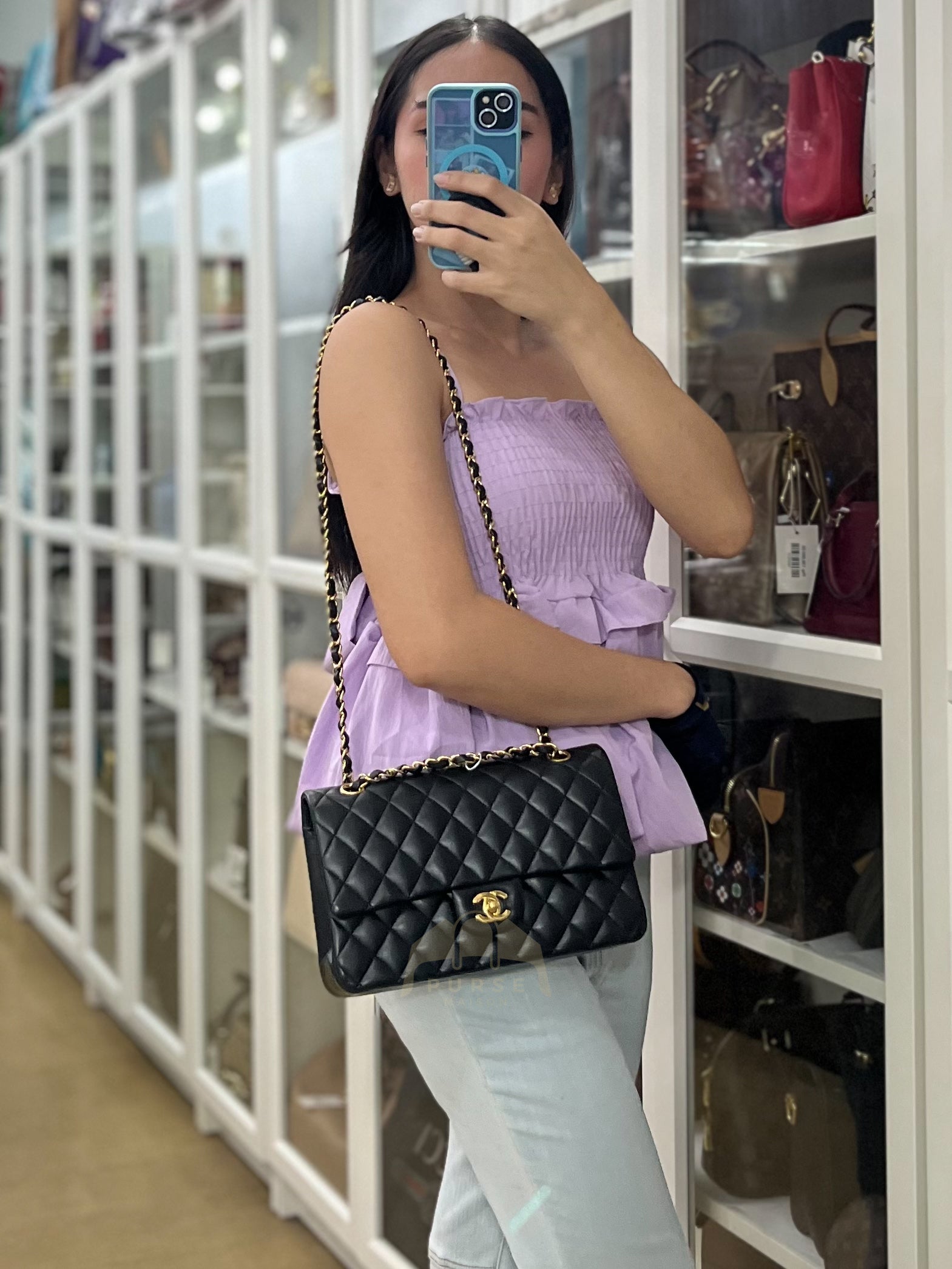 Chanel Classic Double Flap in Black Quilted Leather Caviar Leather and Gold Hardware (Microchip) | Purse Maison Luxury Bags Shop