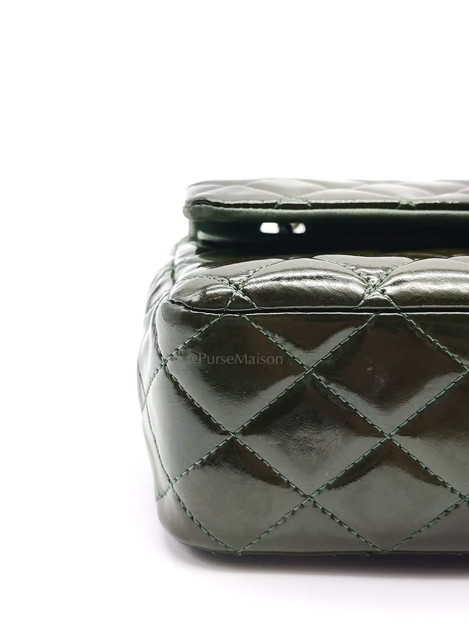 Chanel Classic Double Flap Medium in Green Quilted Patent Leather & Silver Hardware Series 15 | Purse Maison Luxury Bags Shop