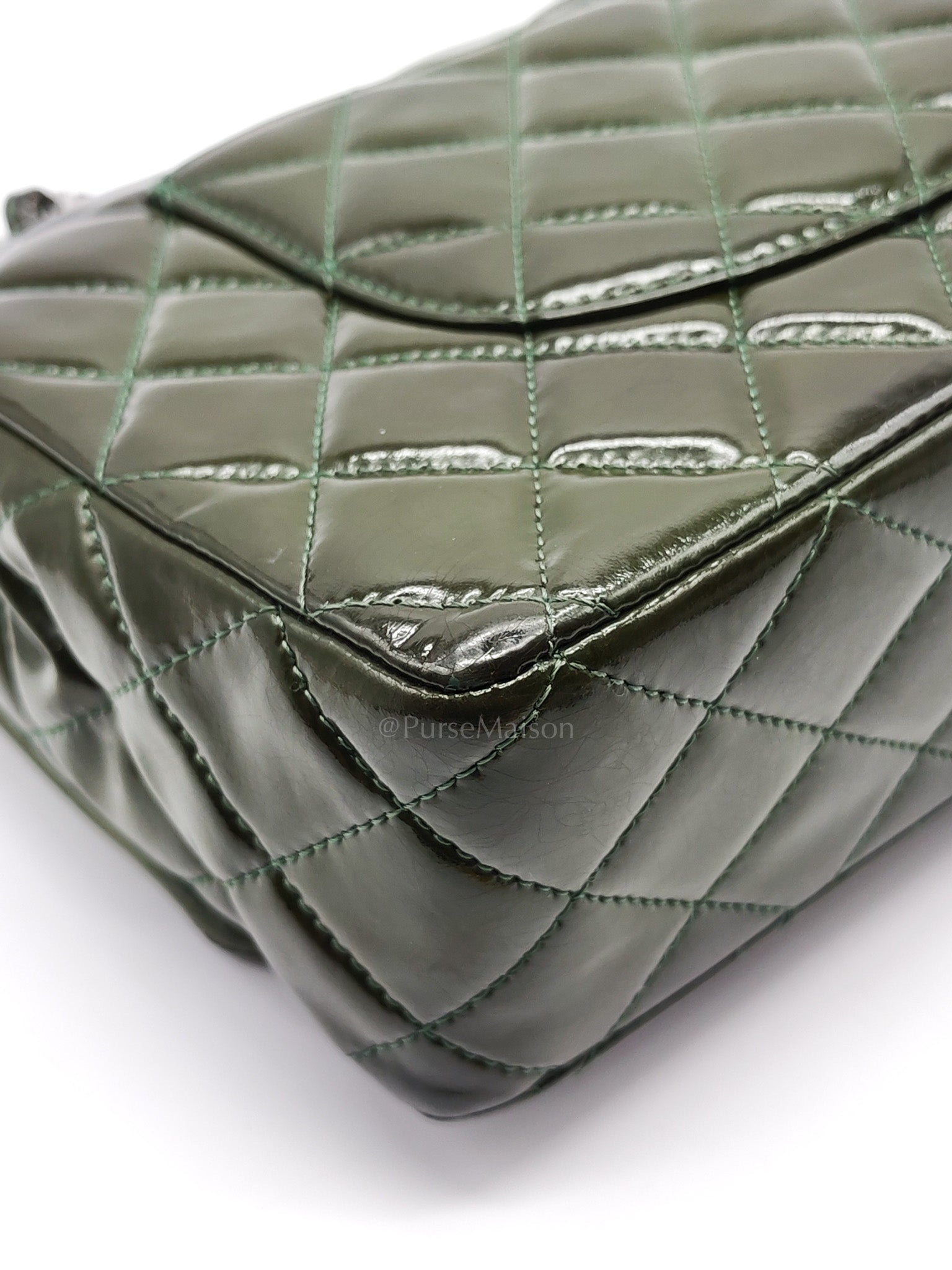 Chanel Classic Double Flap Medium in Green Quilted Patent Leather & Silver Hardware Series 15 | Purse Maison Luxury Bags Shop
