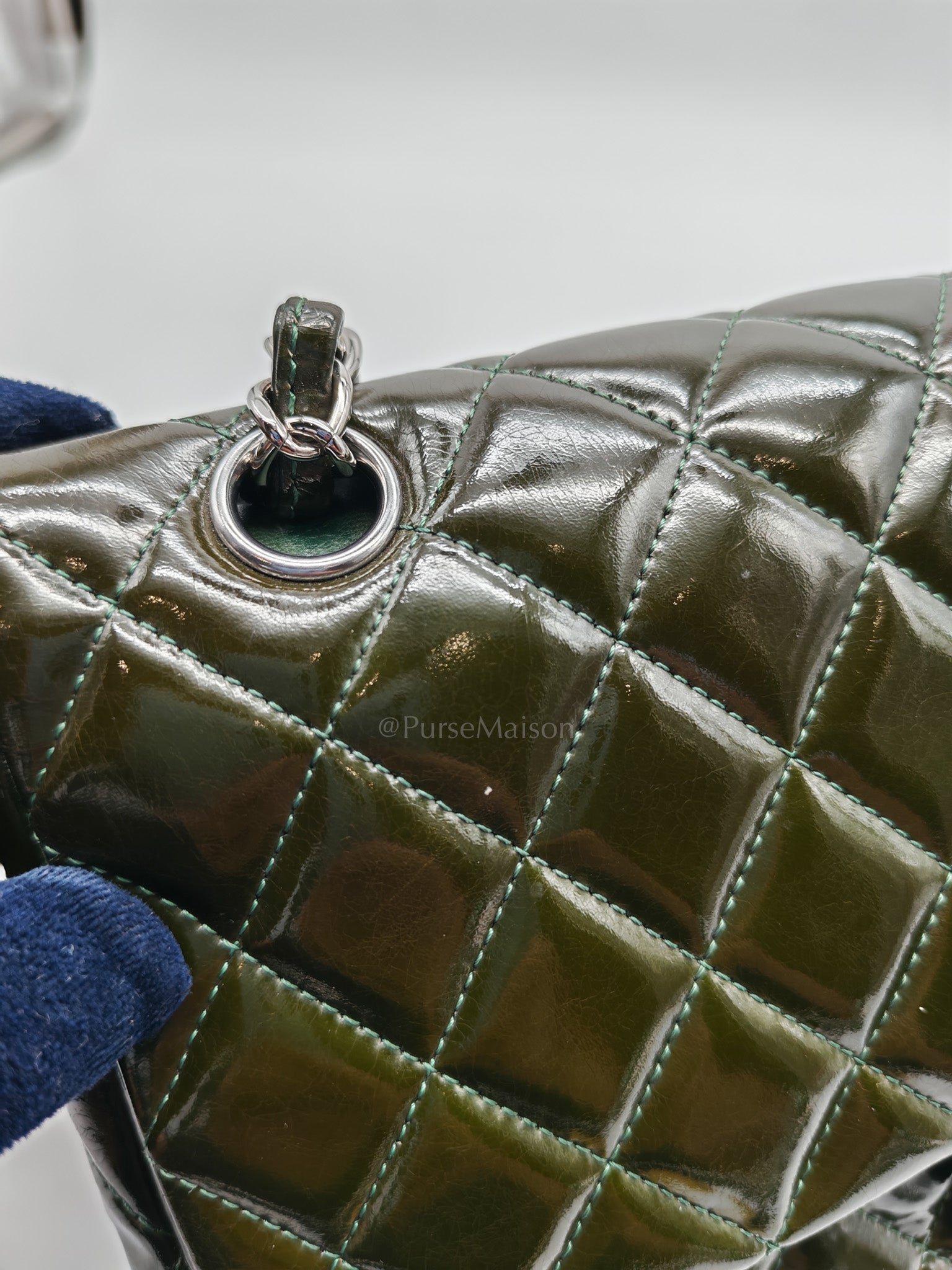 Chanel Classic Double Flap Medium in Green Quilted Patent Leather & Silver Hardware Series 15 | Purse Maison Luxury Bags Shop