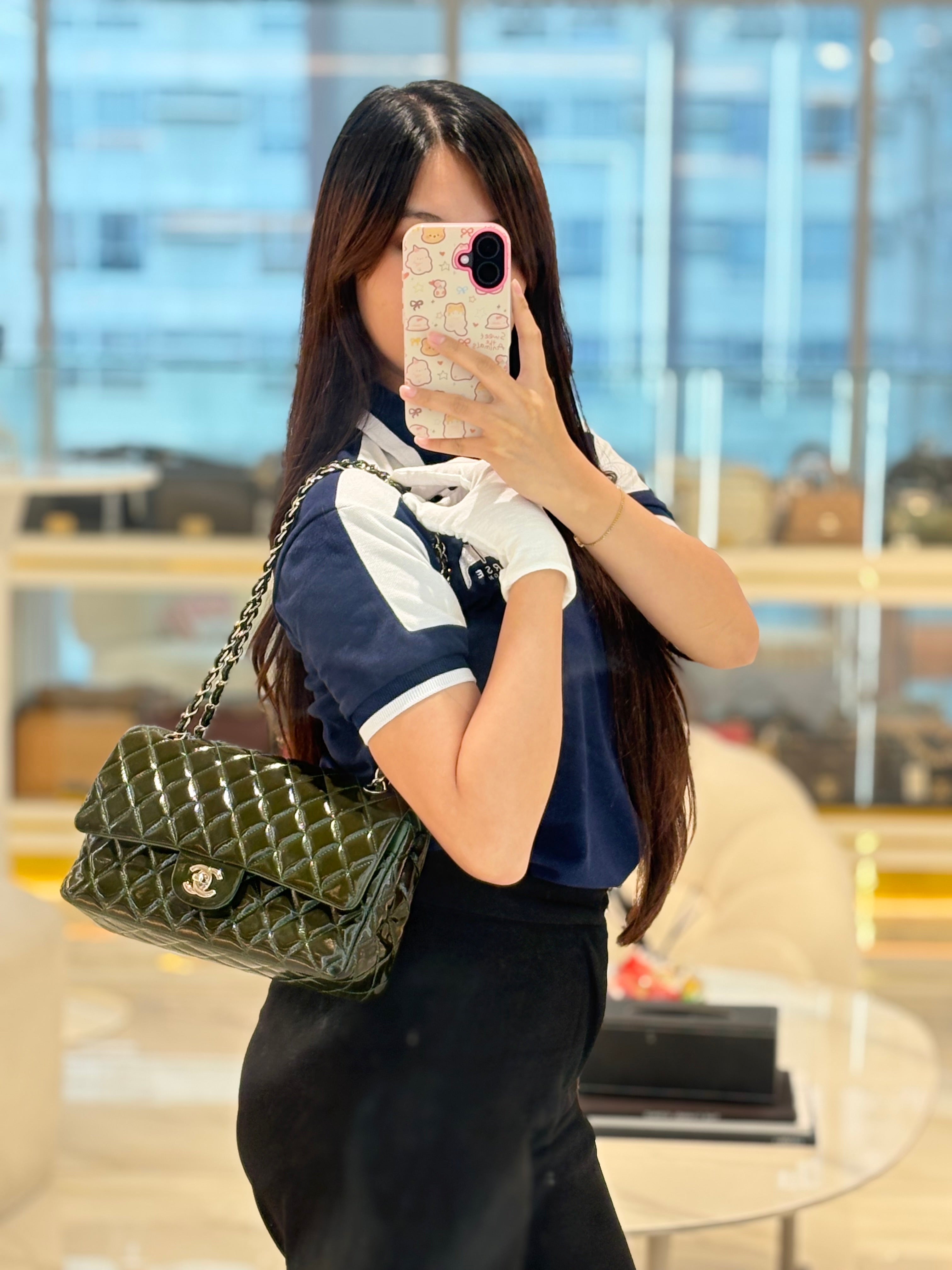 Chanel Classic Double Flap Medium in Green Quilted Patent Leather & Silver Hardware Series 15 | Purse Maison Luxury Bags Shop