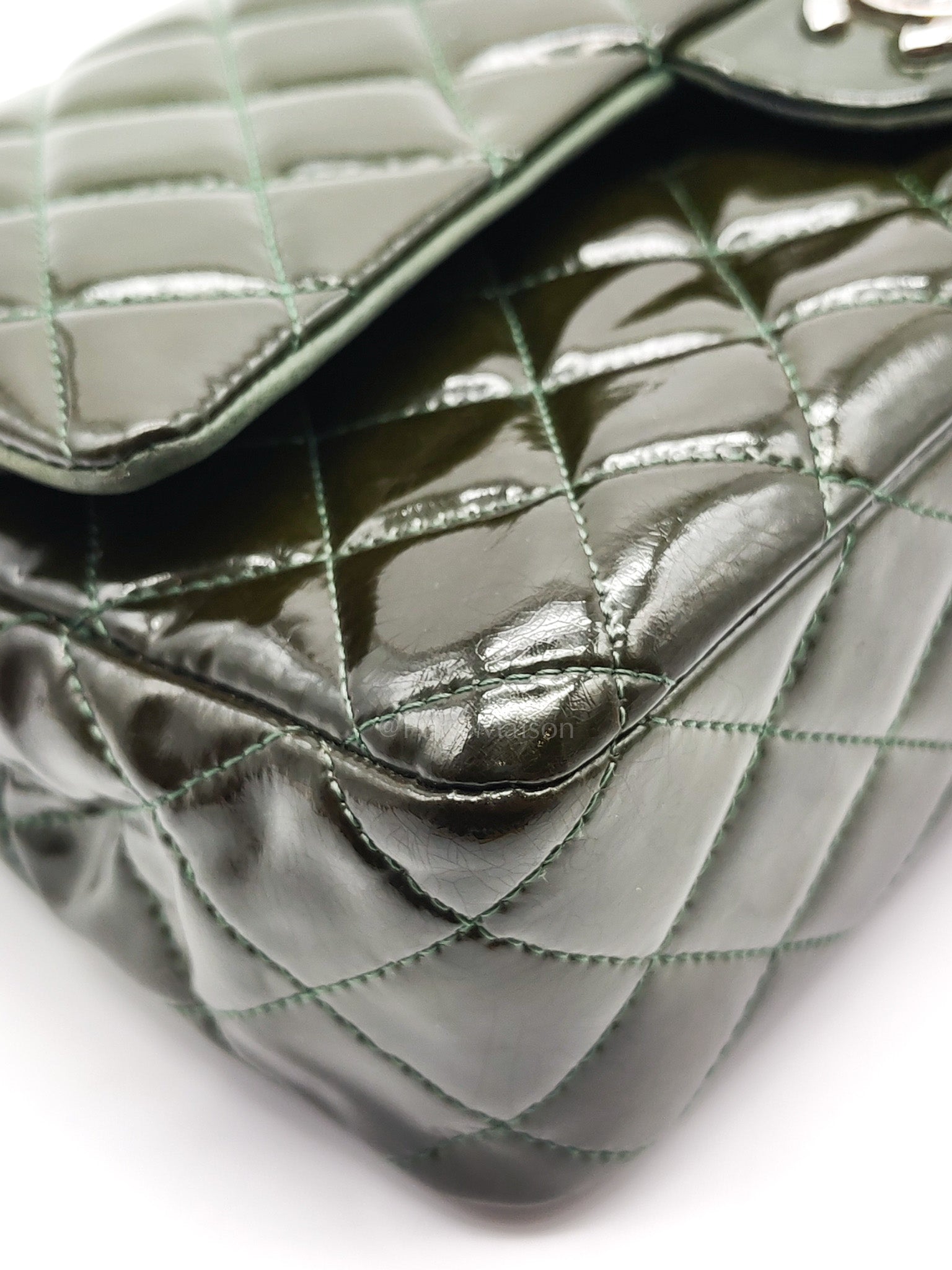 Chanel Classic Double Flap Medium in Green Quilted Patent Leather & Silver Hardware Series 15 | Purse Maison Luxury Bags Shop