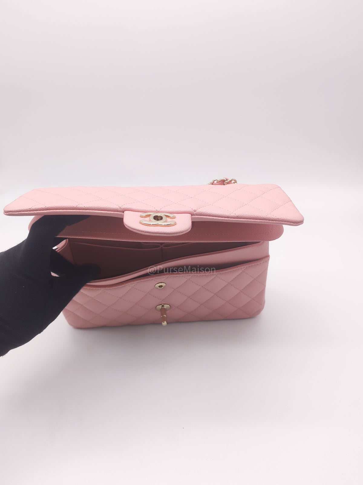 Chanel Classic Double Flap Medium in Sakura Pink Caviar Leather and Light Gold Hardware Microchip (LC****22) | Purse Maison Luxury Bags Shop