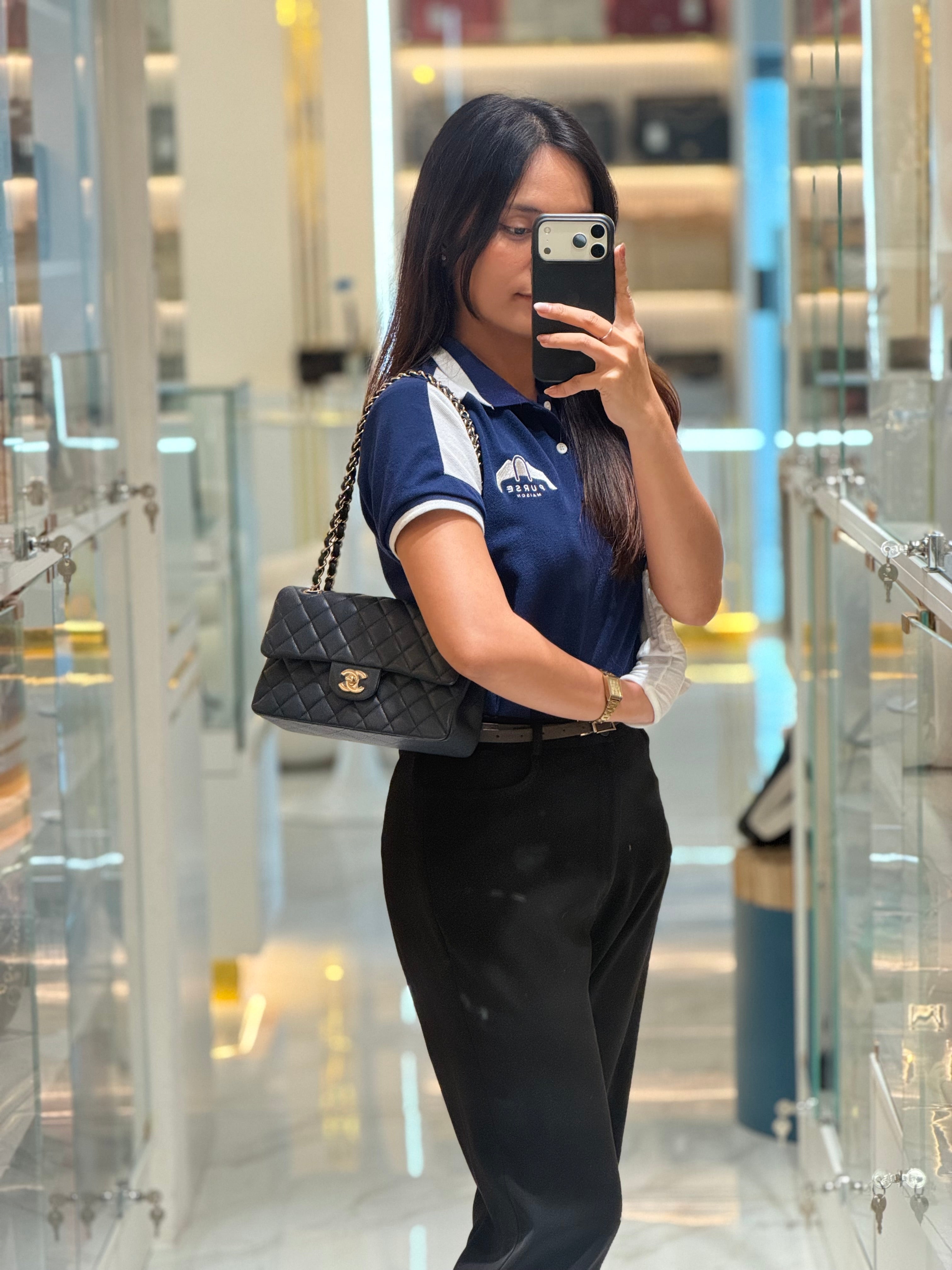 Chanel Classic Double Flap Small in Navy Blue Caviar Leather in Gold Hardware (Series 26) | Purse Maison Luxury Bags Shop