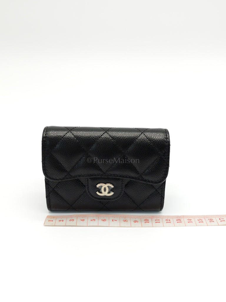 Classic Flap Card Holder Double Compartment in Black Quilted Caviar Leather and Silver Hardware (Microchip) | Purse Maison Luxury Bags Shop