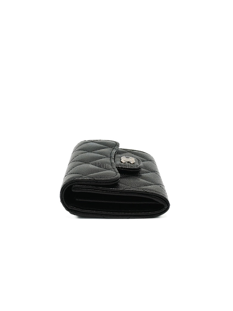 Classic Flap Card Holder Double Compartment in Black Quilted Caviar Leather and Silver Hardware (Microchip) | Purse Maison Luxury Bags Shop