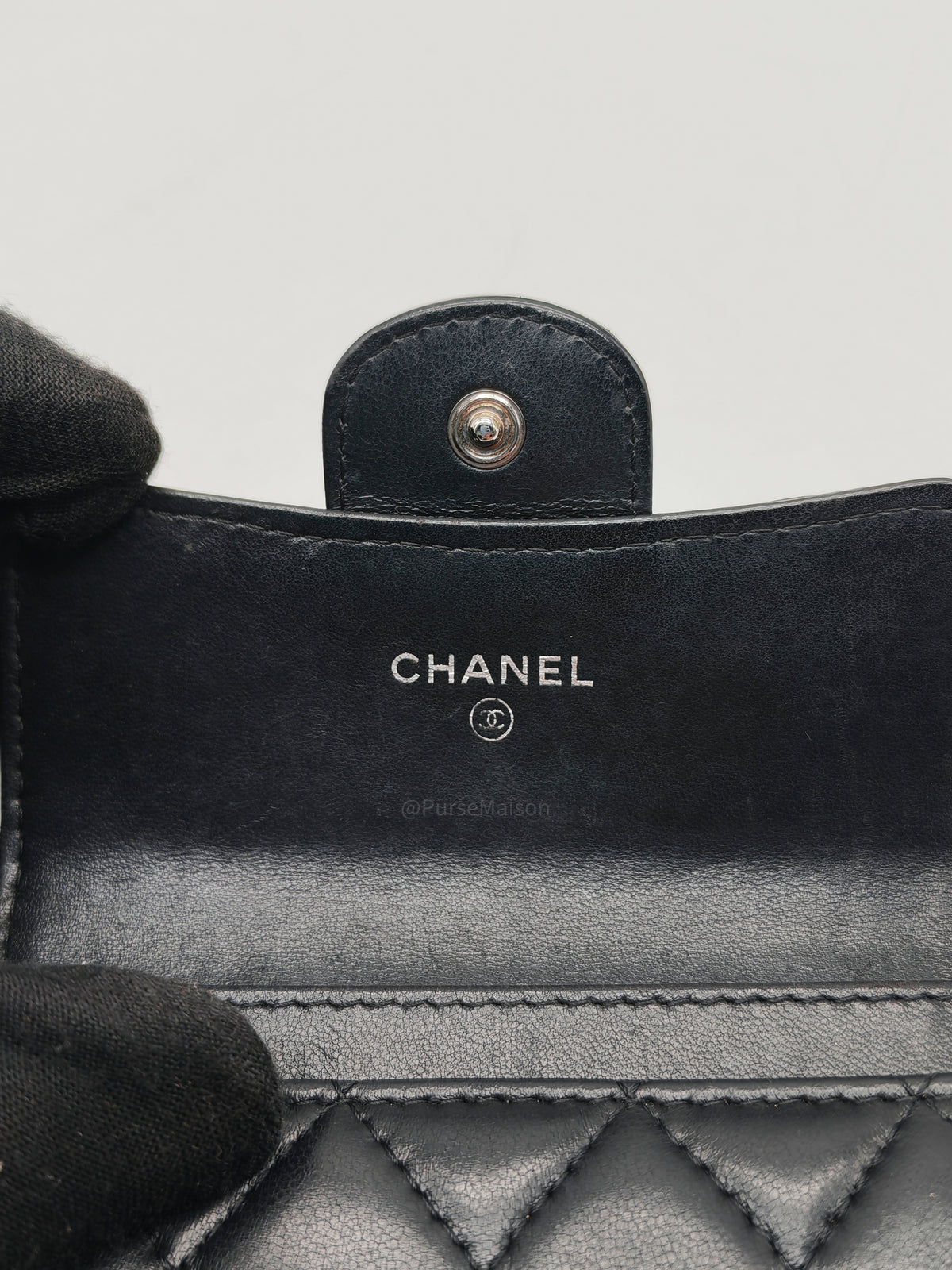 Chanel Classic Flap Card Holder in Black Quilted Calfskin Leather and Silver Hardware Series 22 | Purse Maison Luxury Bags Shop