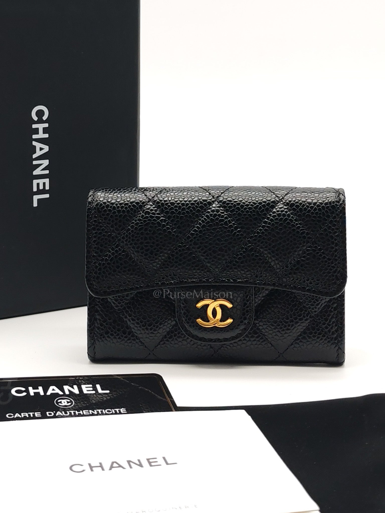 Chanel Classic Flap Card Holder in Black Quilted Caviar Leather & Gold Hardware Series 30 | Purse Maison Luxury Bags Shop