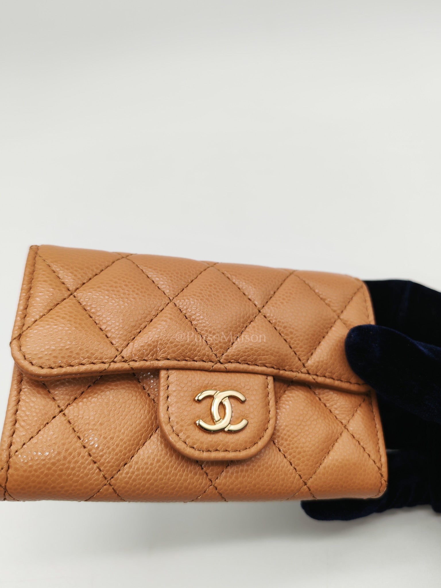 Chanel Classic Flap Card Holder in Caramel Quilted Caviar Leather and Light Gold Hardware (Microchip) | Purse Maison Luxury Bags Shop