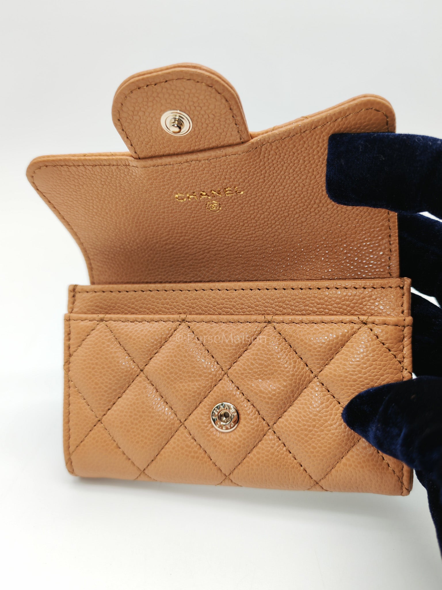 Chanel Classic Flap Card Holder in Caramel Quilted Caviar Leather and Light Gold Hardware (Microchip) | Purse Maison Luxury Bags Shop