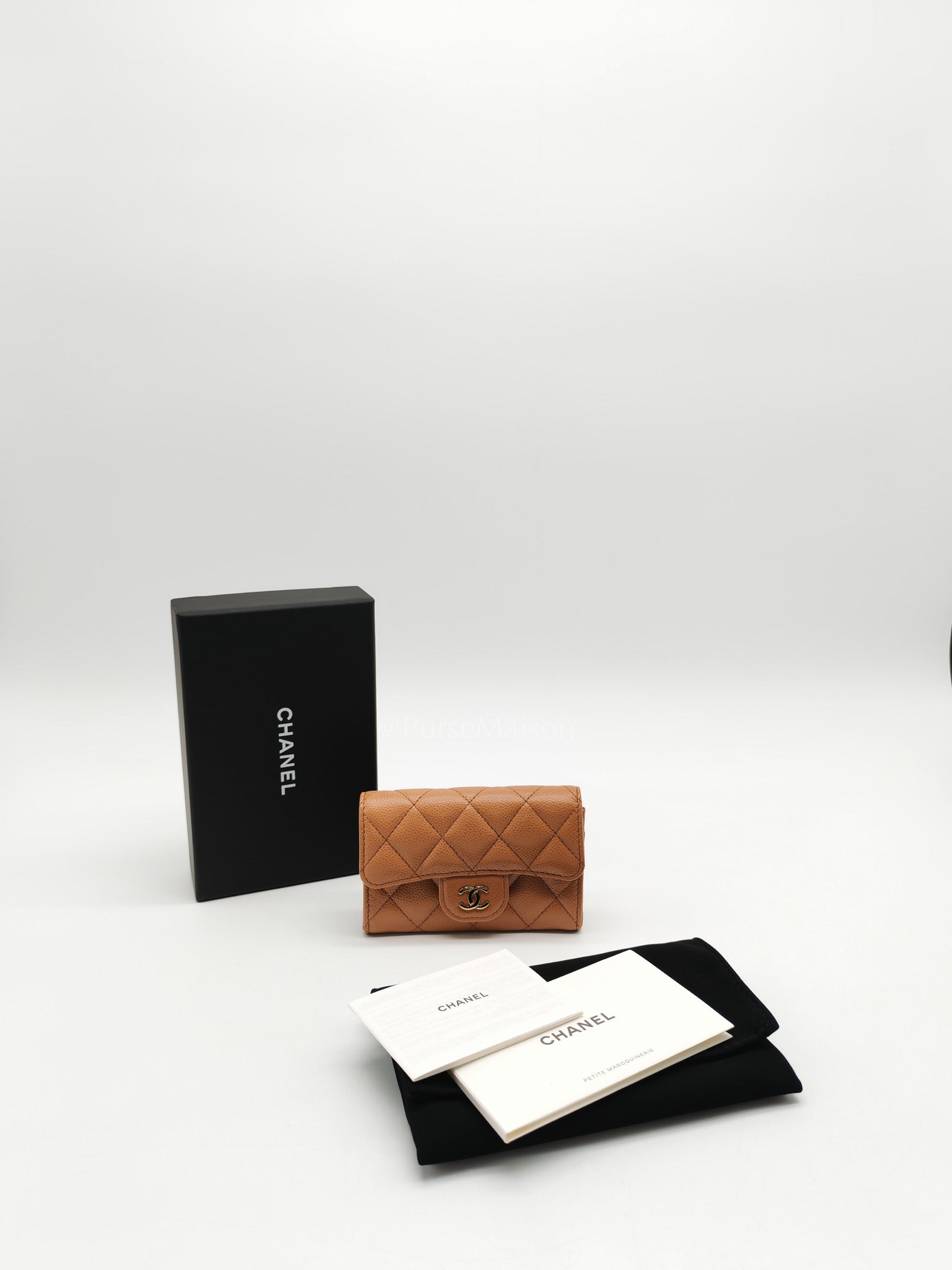 Chanel Classic Flap Card Holder in Caramel Quilted Caviar Leather and Light Gold Hardware (Microchip) | Purse Maison Luxury Bags Shop