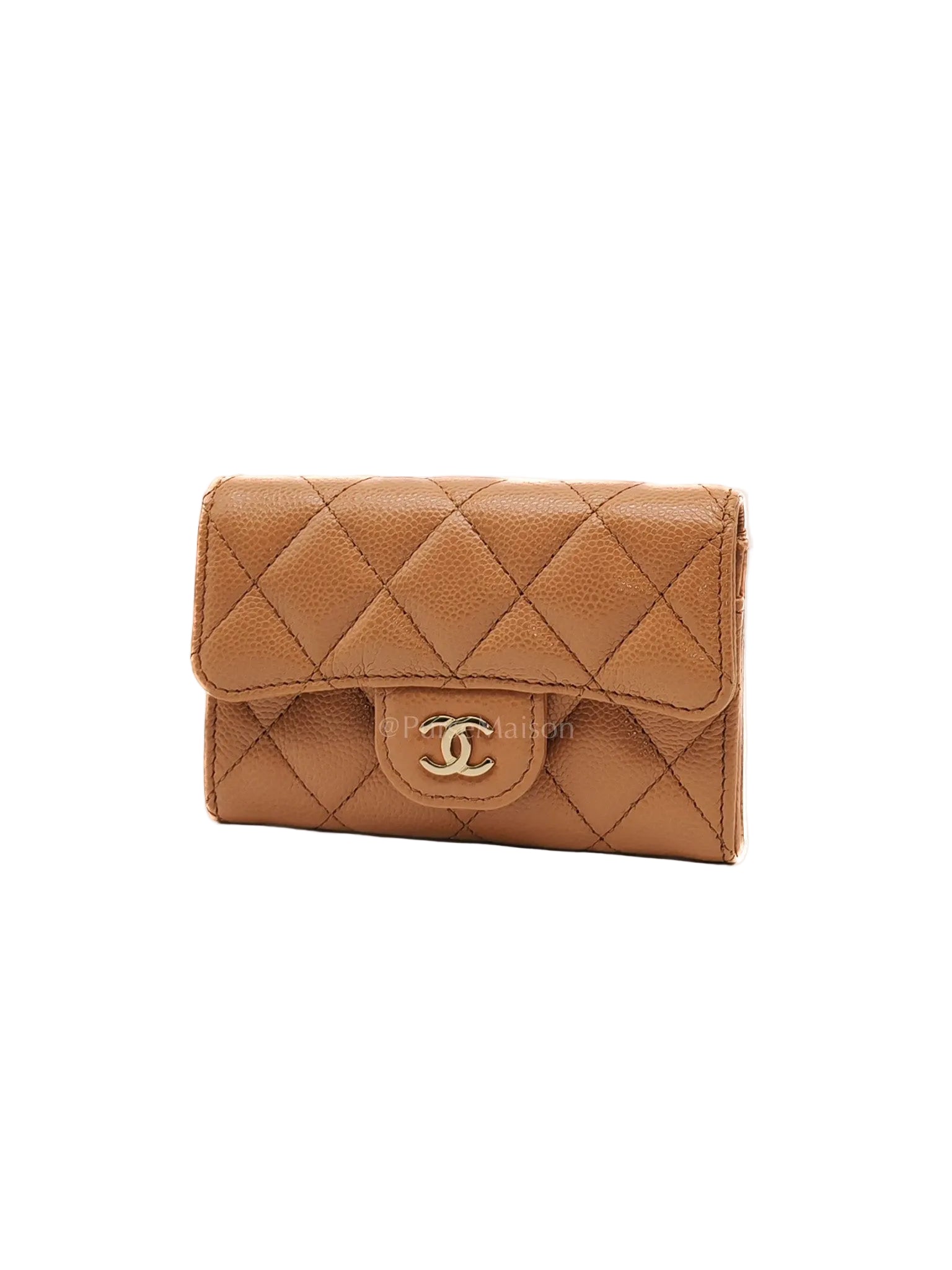 Chanel Classic Flap Card Holder in Caramel Quilted Caviar Leather and Light Gold Hardware (Microchip) | Purse Maison Luxury Bags Shop