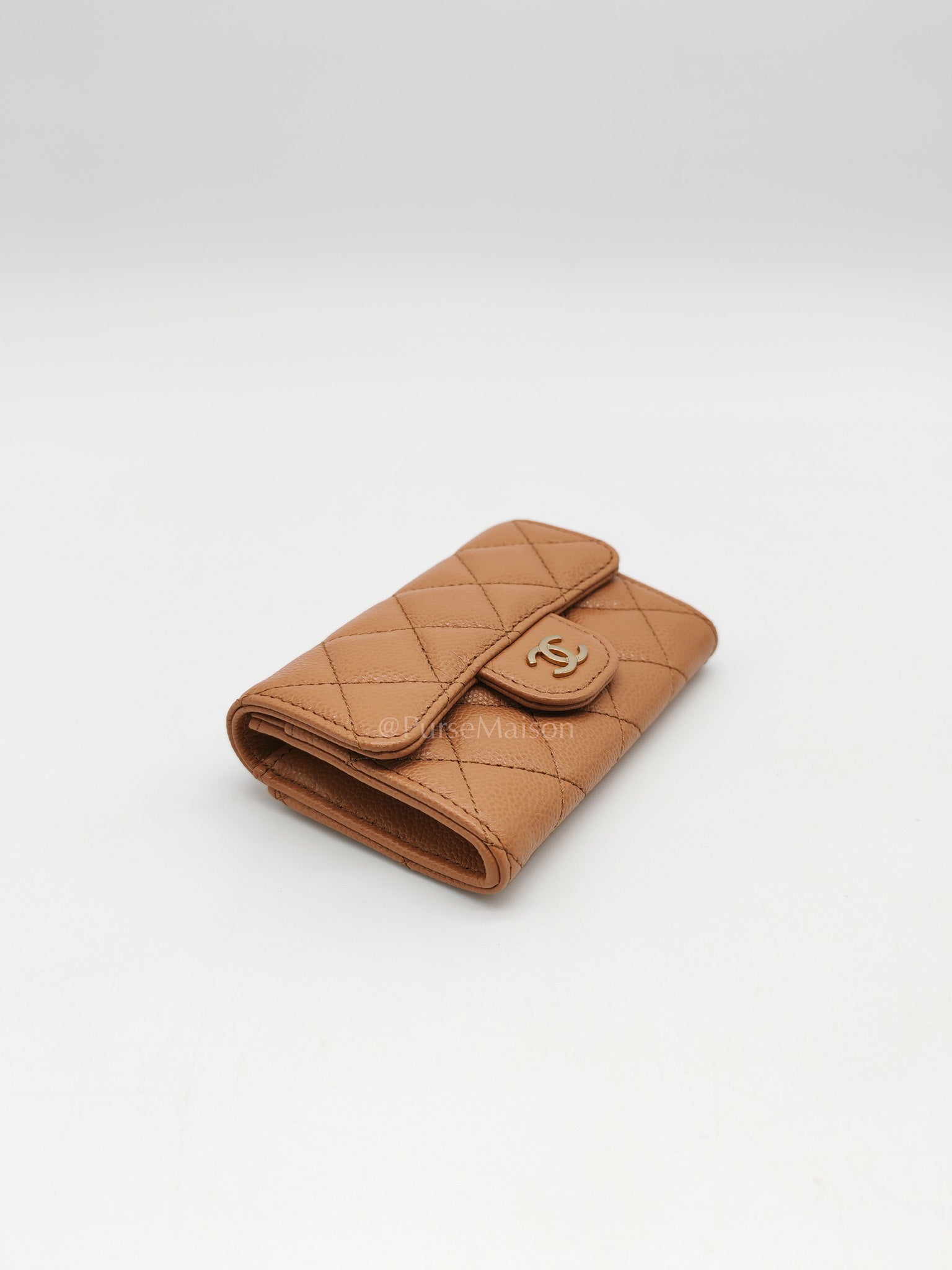Chanel Classic Flap Card Holder in Caramel Quilted Caviar Leather and Light Gold Hardware (Microchip) | Purse Maison Luxury Bags Shop