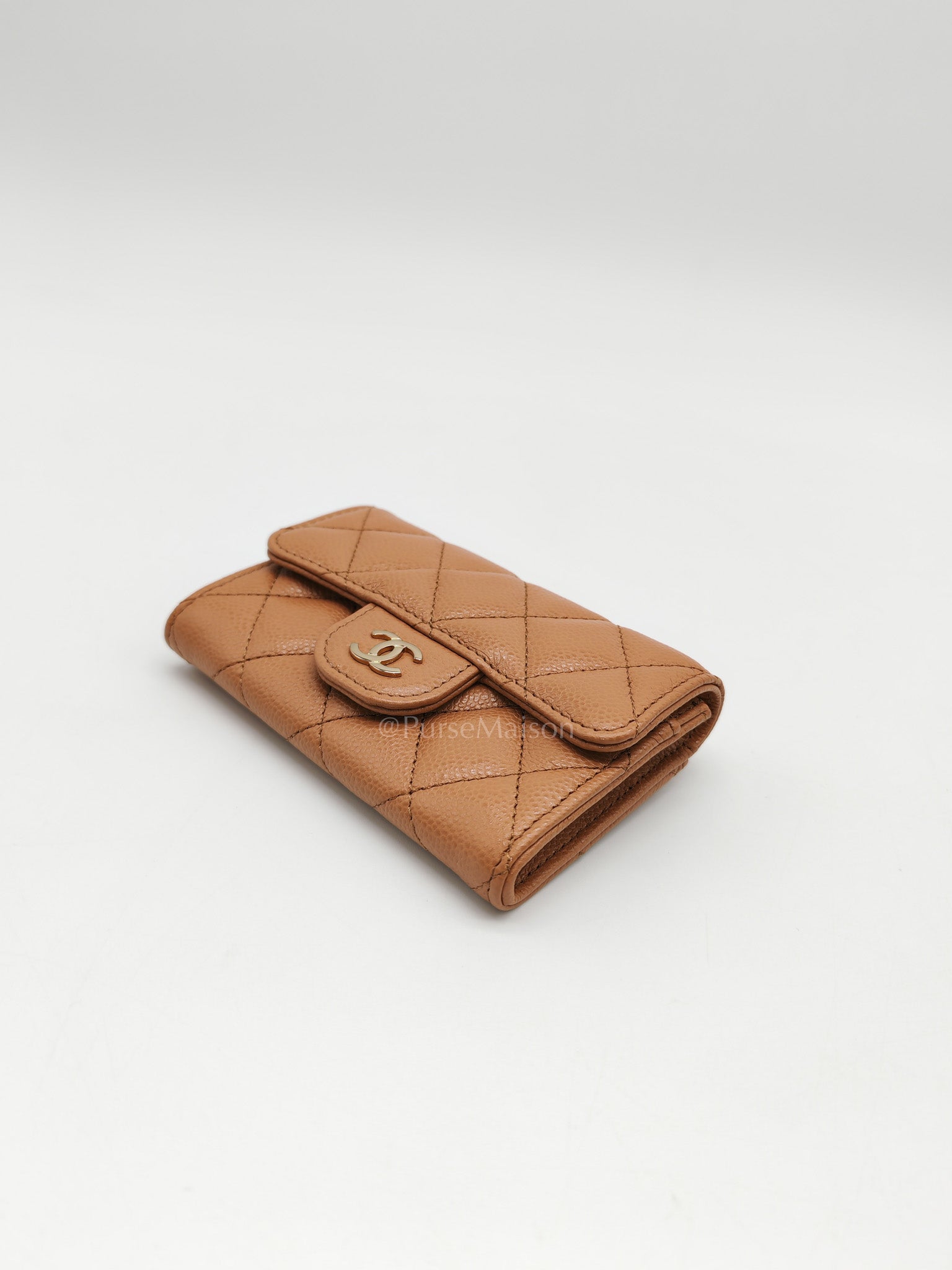 Chanel Classic Flap Card Holder in Caramel Quilted Caviar Leather and Light Gold Hardware (Microchip) | Purse Maison Luxury Bags Shop
