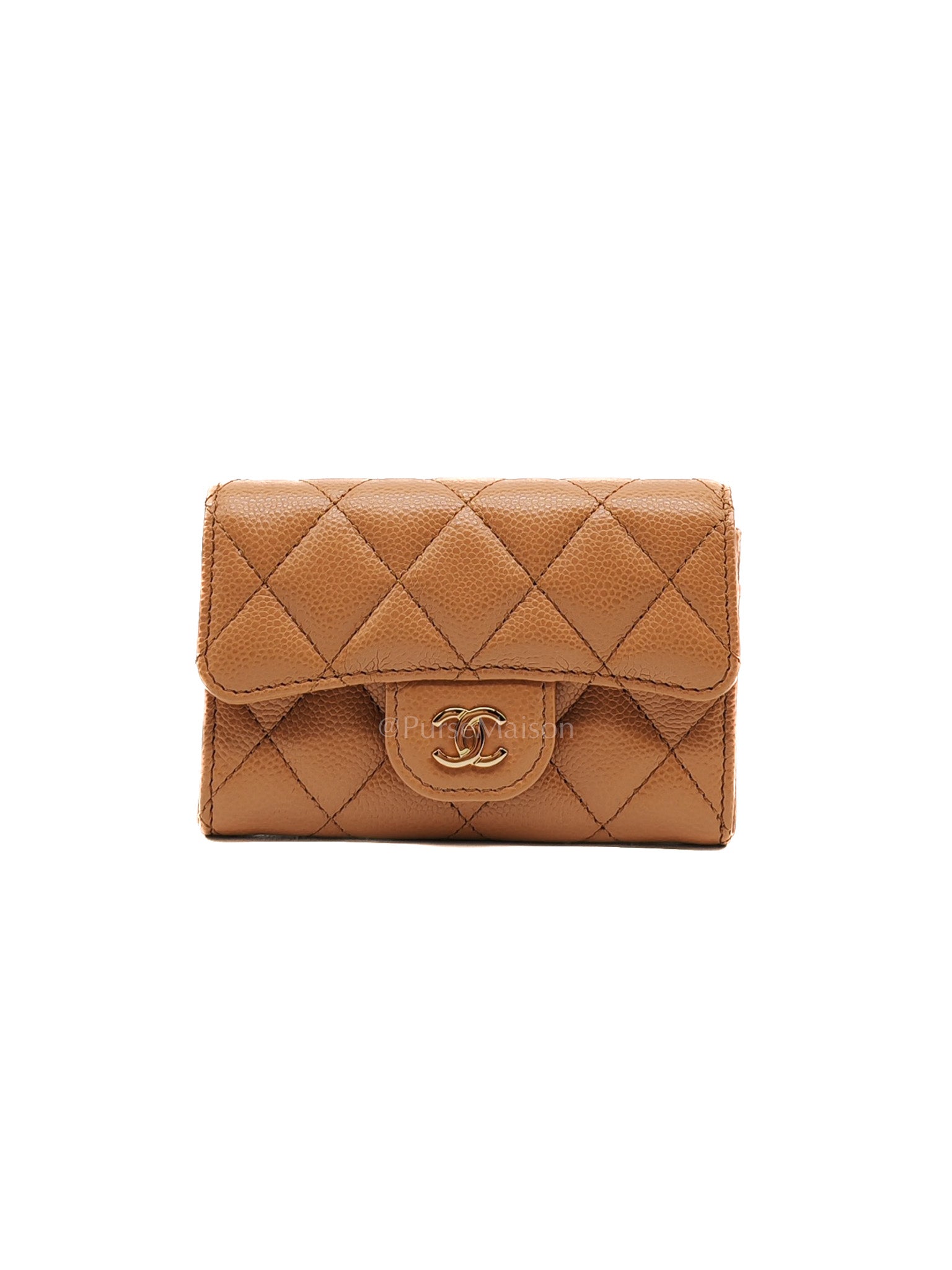Chanel Classic Flap Card Holder in Caramel Quilted Caviar Leather and Light Gold Hardware (Microchip) | Purse Maison Luxury Bags Shop