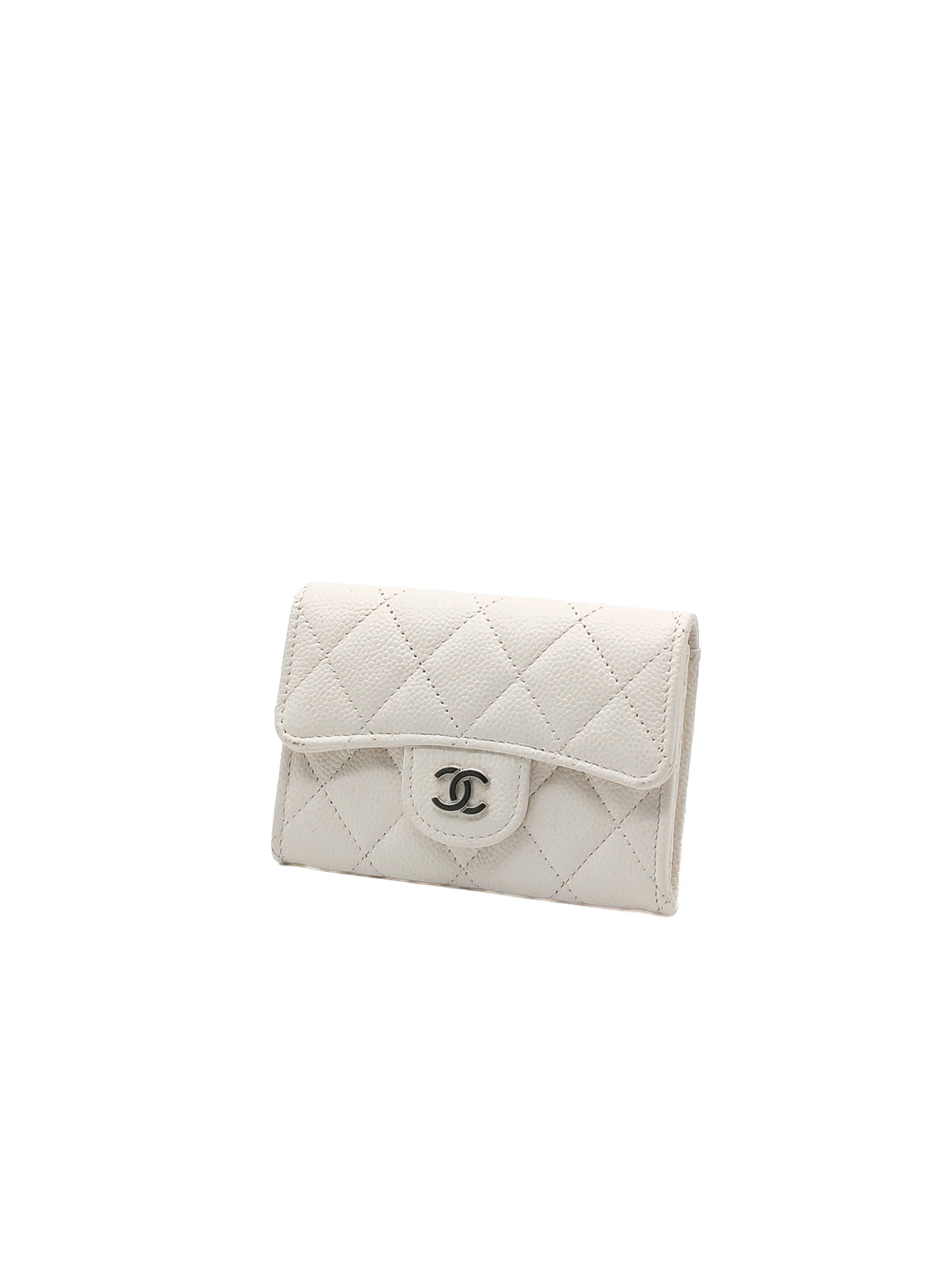 Chanel Classic Flap Card Holder in White Quilted Caviar Leather and Silver Hardware Series 30 | Purse Maison Luxury Bags Shop
