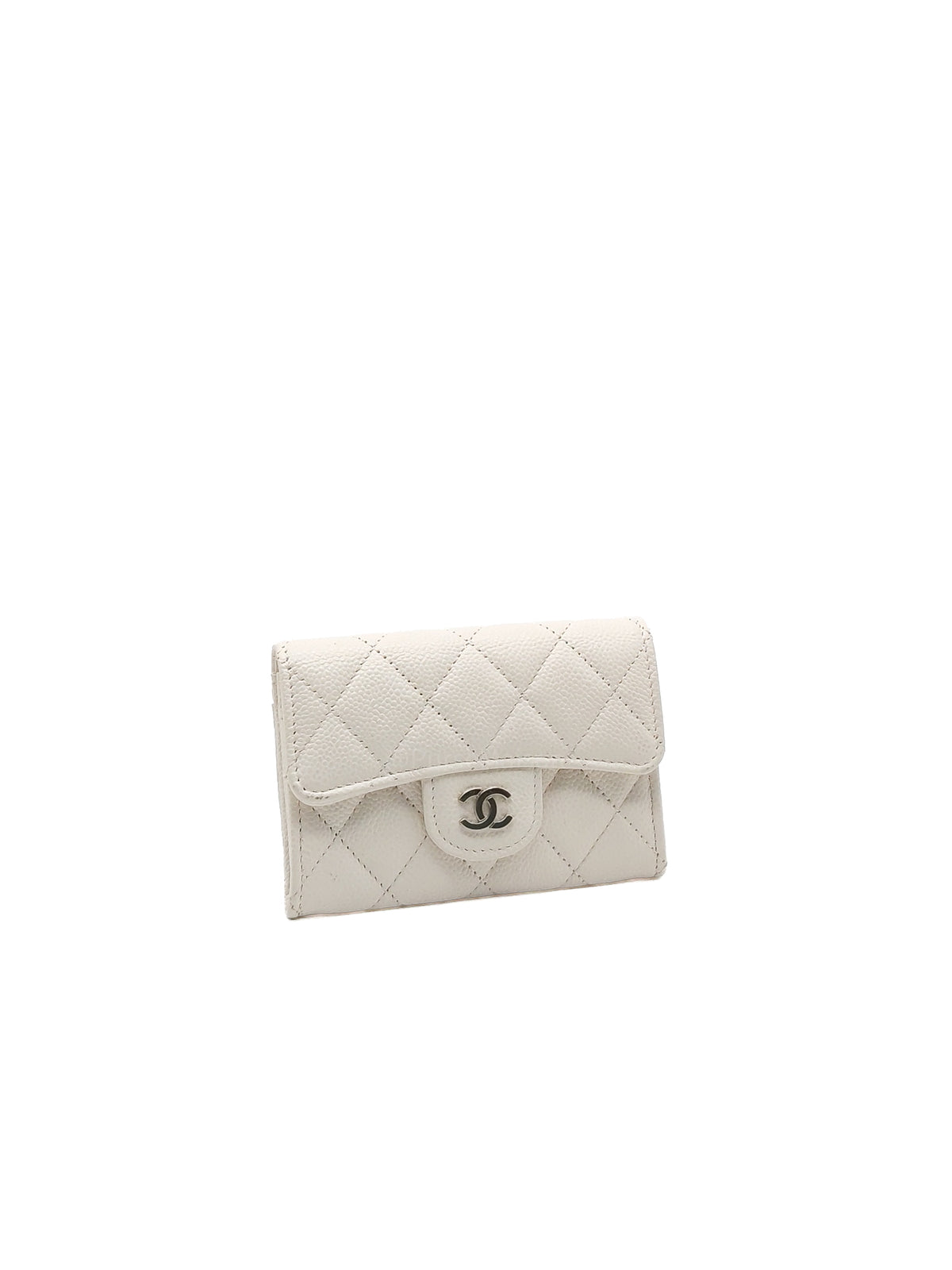 Chanel Classic Flap Card Holder in White Quilted Caviar Leather and Silver Hardware Series 30 | Purse Maison Luxury Bags Shop
