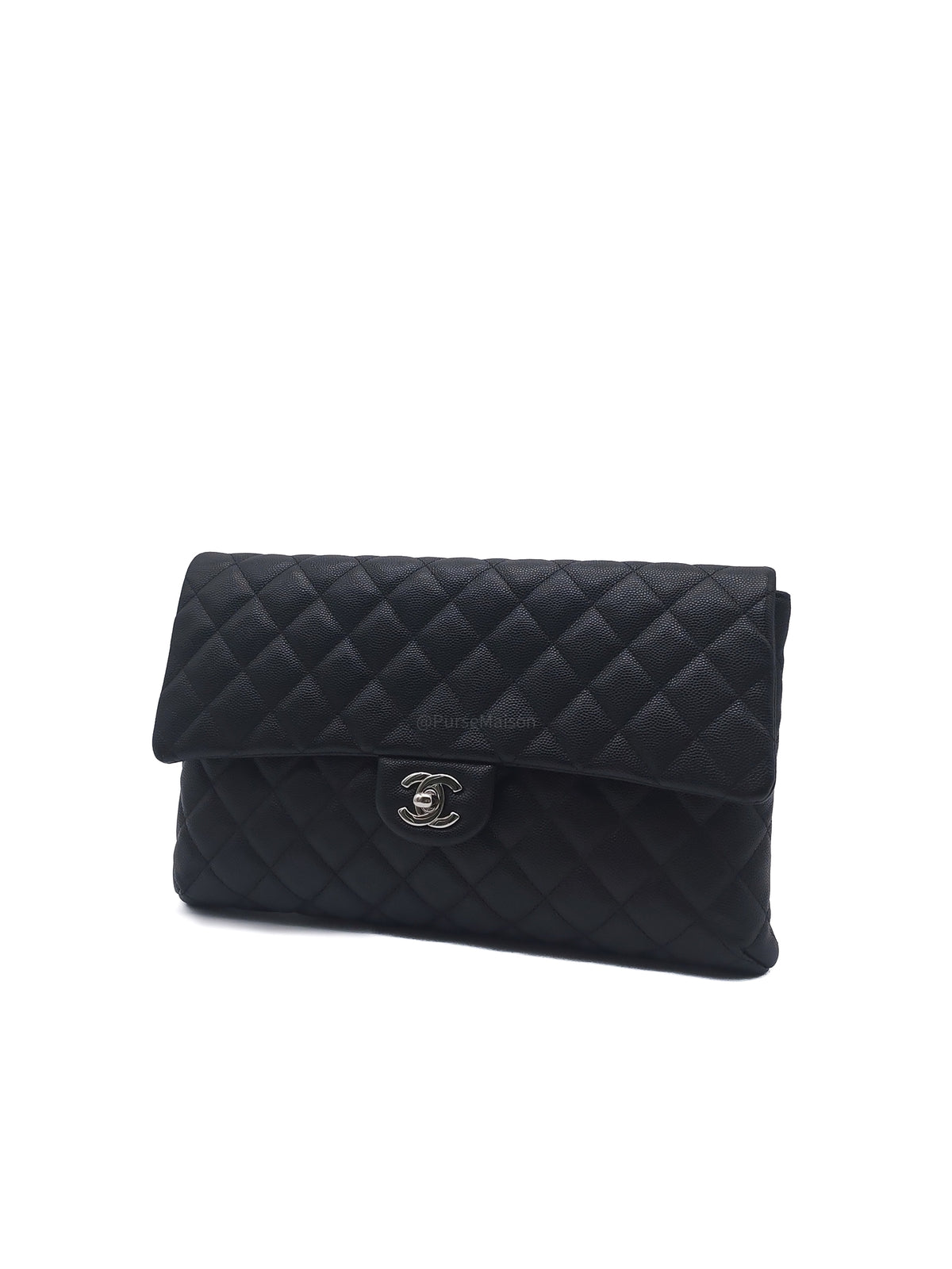 Chanel Classic Flap Clutch in Black Quilted Caviar Leather and Silver Hardware Series 26 | Purse Maison Luxury Bags Shop