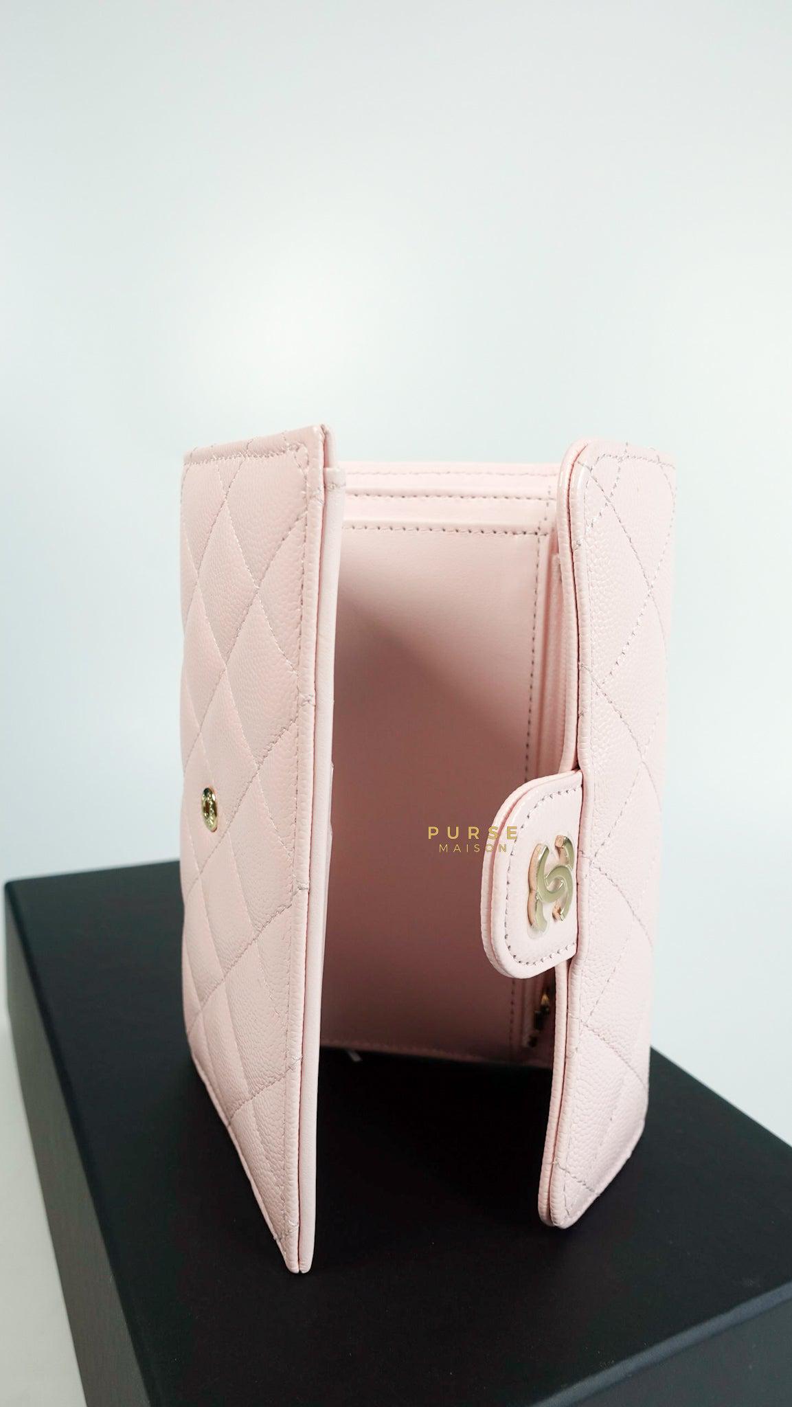 Chanel CC Rose Pink Caviar Leather Trifold Wallet #chanel