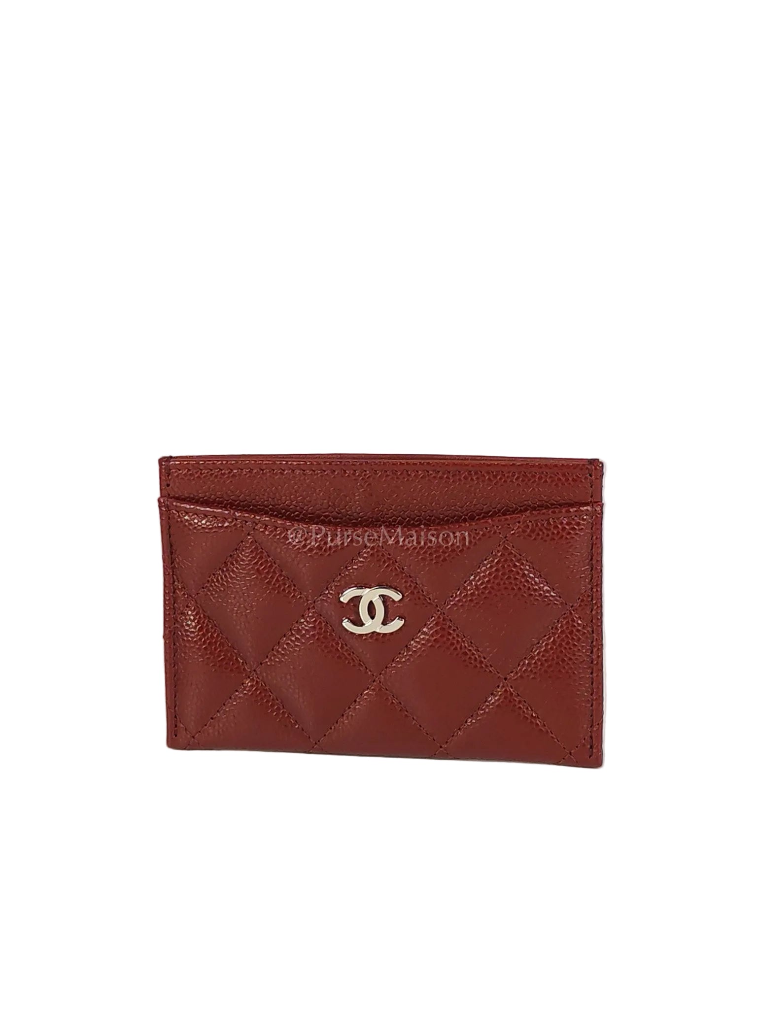 Classic Flat Card Holder in Burgundy Caviar Leather Silver Hardware (Series 30) | Purse Maison Luxury Bags Shop