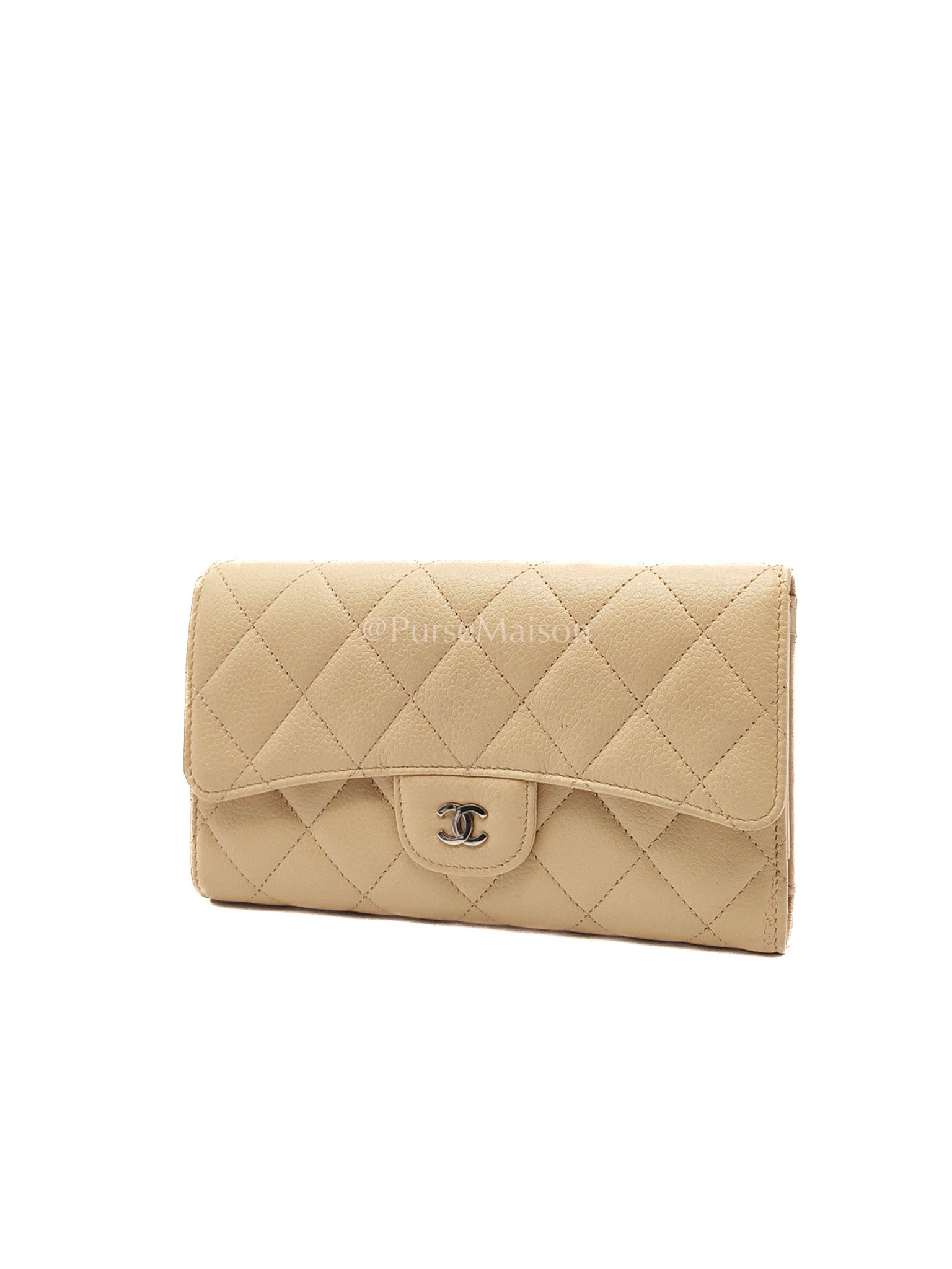 Chanel Classic Long Flap Wallet in Beige Quilted Caviar Leather and Silver Hardware Series 15 | Purse Maison Luxury Bags Shop