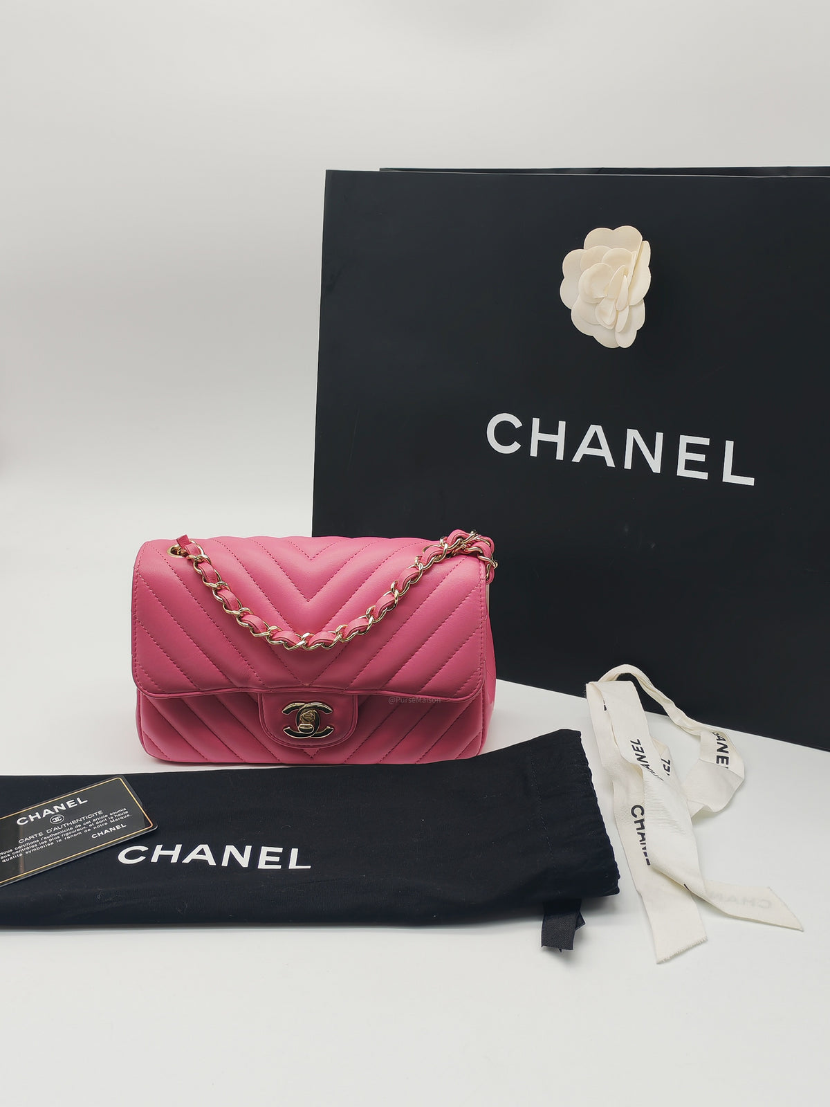 Chanel Classic Mini Rectangular Flap Bag in Pink Chevron Lambskin Leather Light Gold Hardware (Series 27) | Purse Maison Luxury Bags Shop