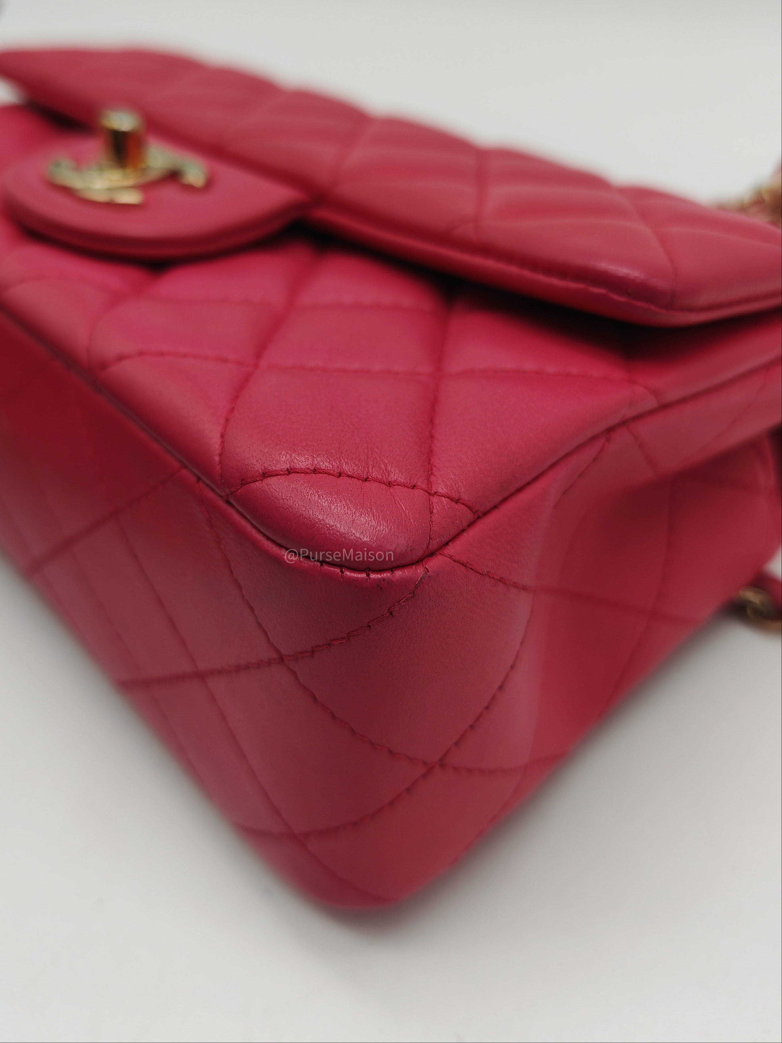 Chanel Classic Rectangular Mini Flap Bag in Fuchsia Lambskin Leather Light Gold Hardware (Series 21) | Purse Maison Luxury Bags Shop