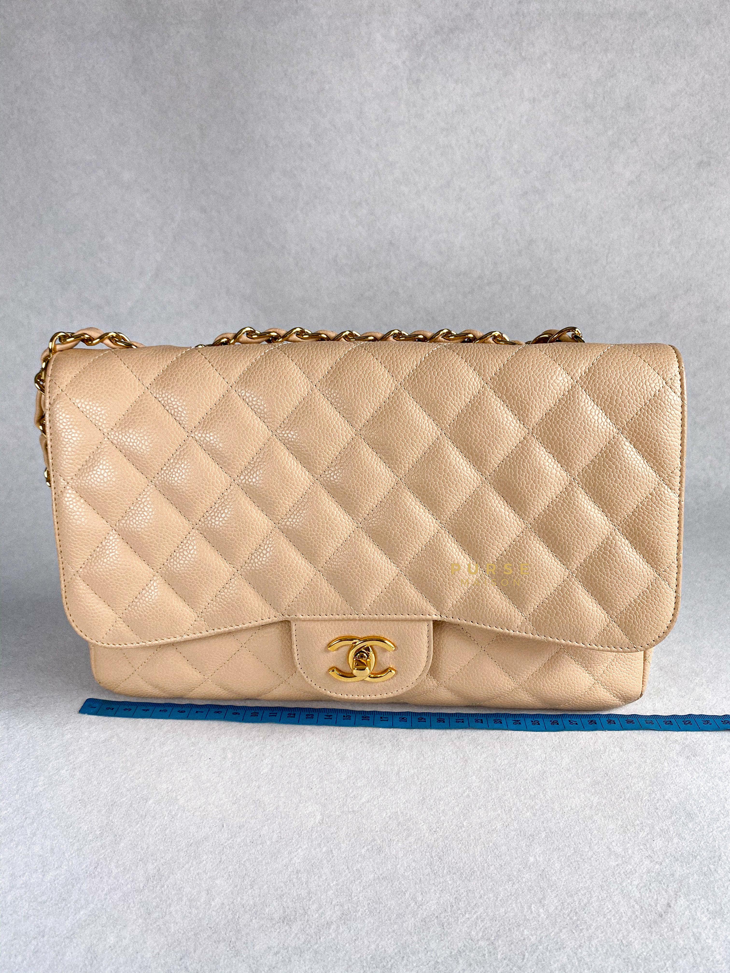 Chanel Classic Single Flap Jumbo in Beige Clair Quilted Caviar and Gold Hardware (Series 13) | Purse Maison Luxury Bags Shop