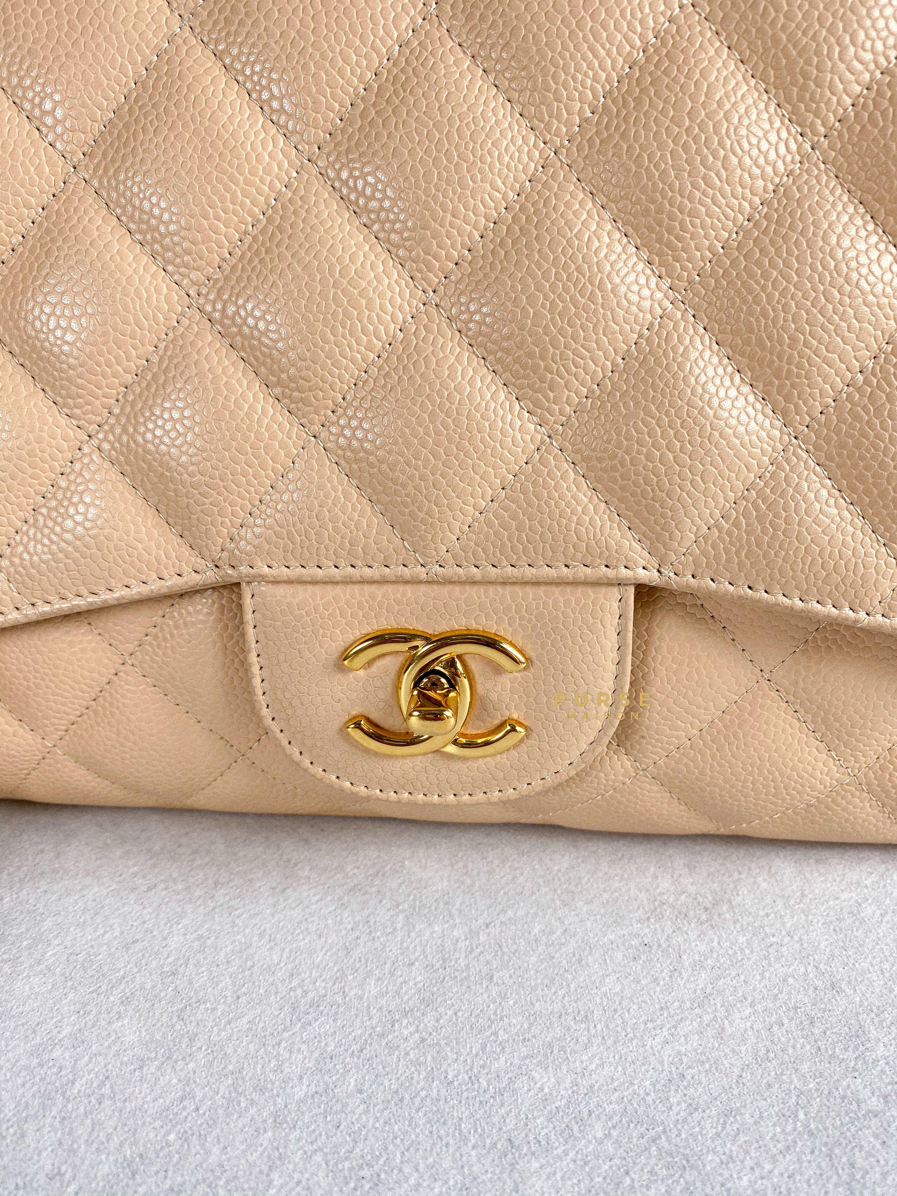 Chanel Classic Single Flap Jumbo in Beige Clair Quilted Caviar and Gold Hardware (Series 13) | Purse Maison Luxury Bags Shop