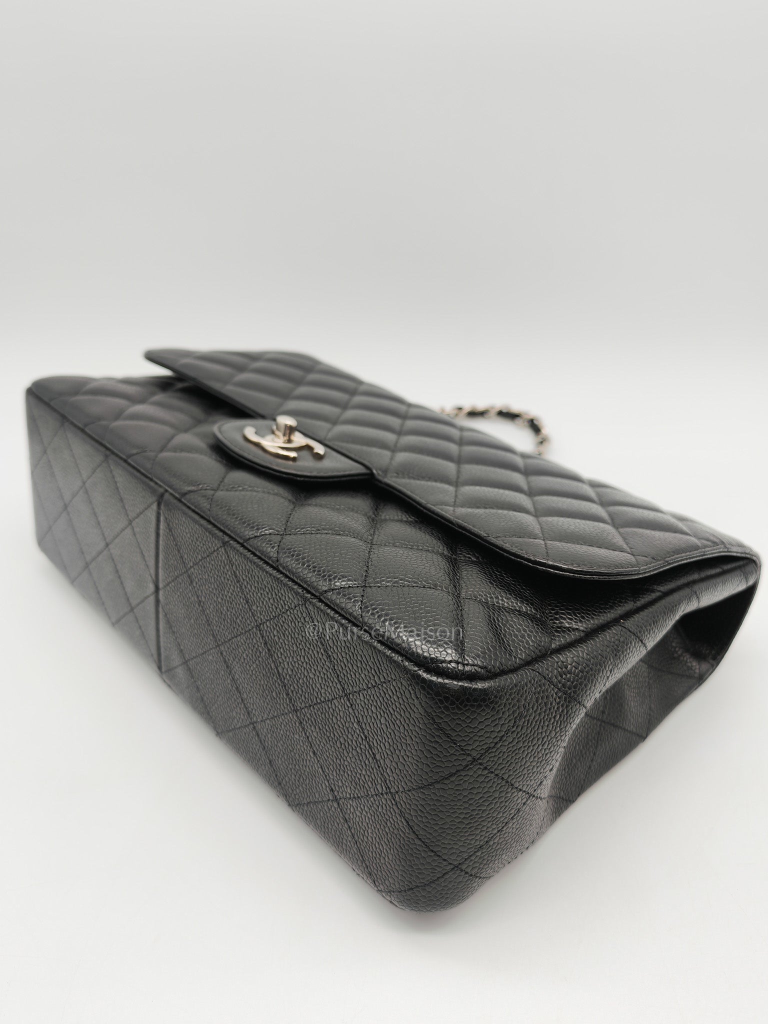 Chanel Classic Single Flap Jumbo in Black Caviar Leather Silver Hardware (Series 13) | Purse Maison Luxury Bags Shop