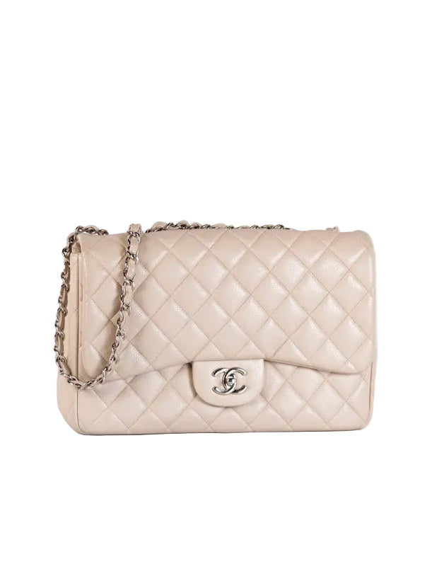 Classic Single Flap Jumbo in Light Gray Caviar Leather and Silver Hardware (Series 14) | Purse Maison Luxury Bags Shop