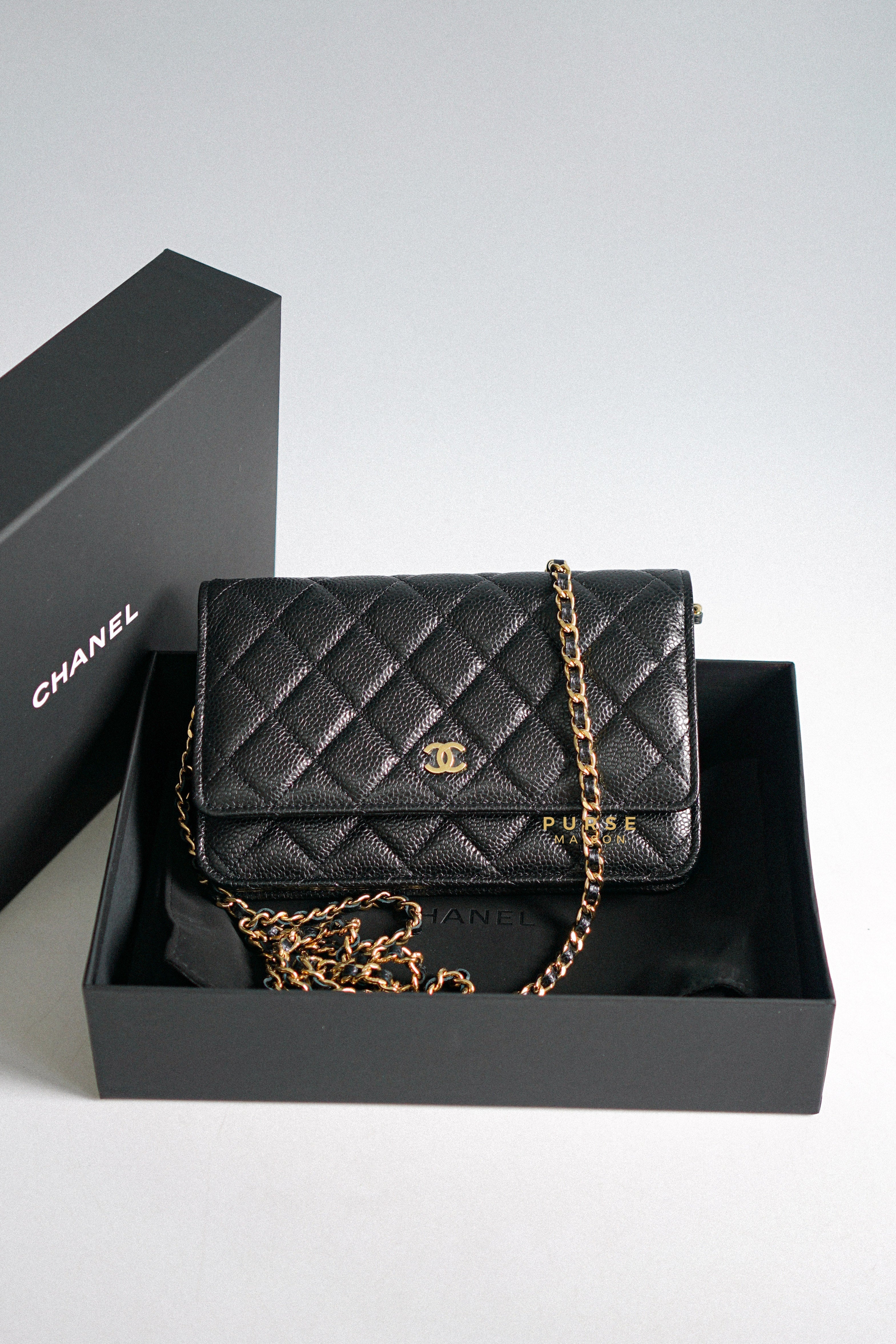 CHANEL CLASSIC WALLET ON CHAIN (MICROCHIP P7P3xxxx) BLACK CAVIAR, GOLD  HARDWARE, WITH DUST COVER & BOX