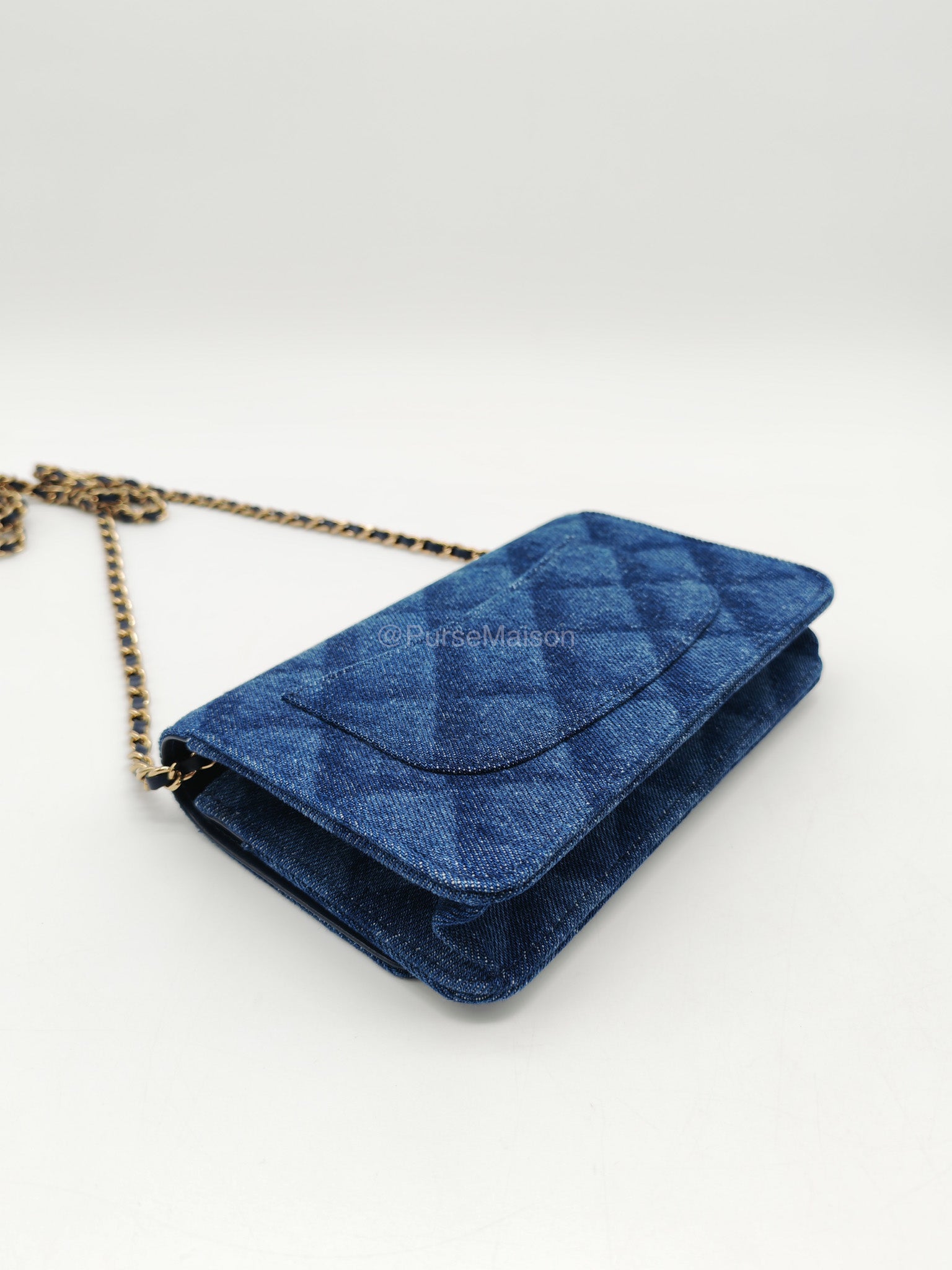 Chanel Classic Wallet on Chain (WOC) in Denim Fabric Canvas Light Gold (Microchip) | Purse Maison Luxury Bags Shop