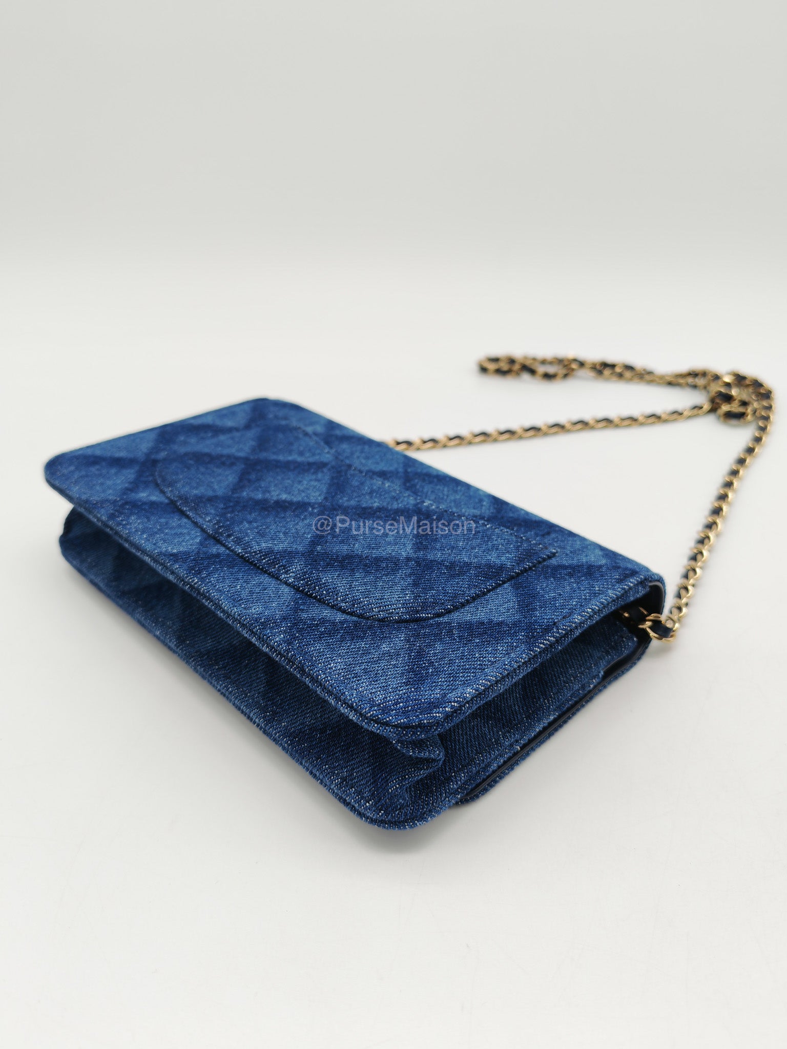 Chanel Classic Wallet on Chain (WOC) in Denim Fabric Canvas Light Gold (Microchip) | Purse Maison Luxury Bags Shop