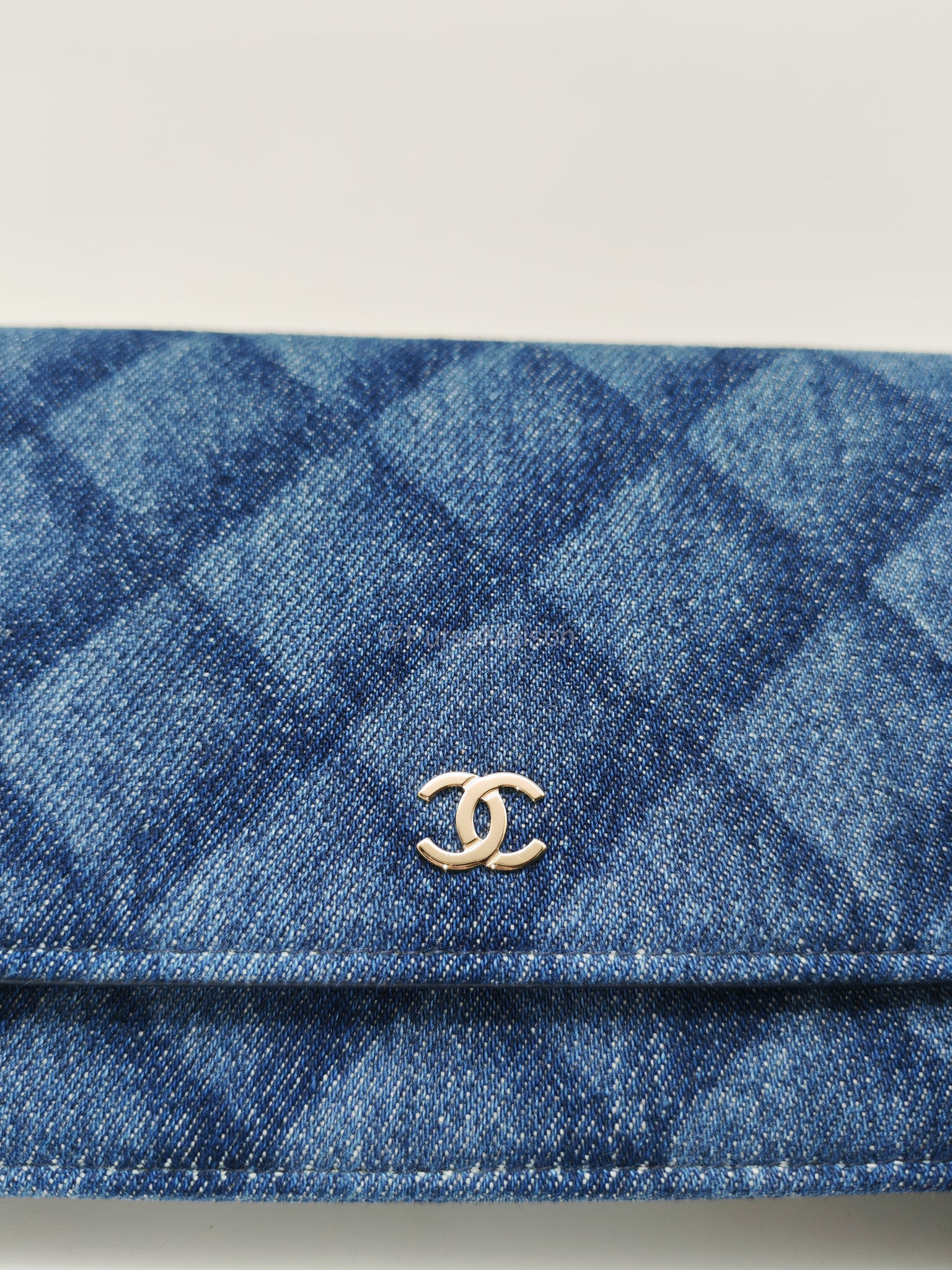 Chanel Classic Wallet on Chain (WOC) in Denim Fabric Canvas Light Gold (Microchip) | Purse Maison Luxury Bags Shop