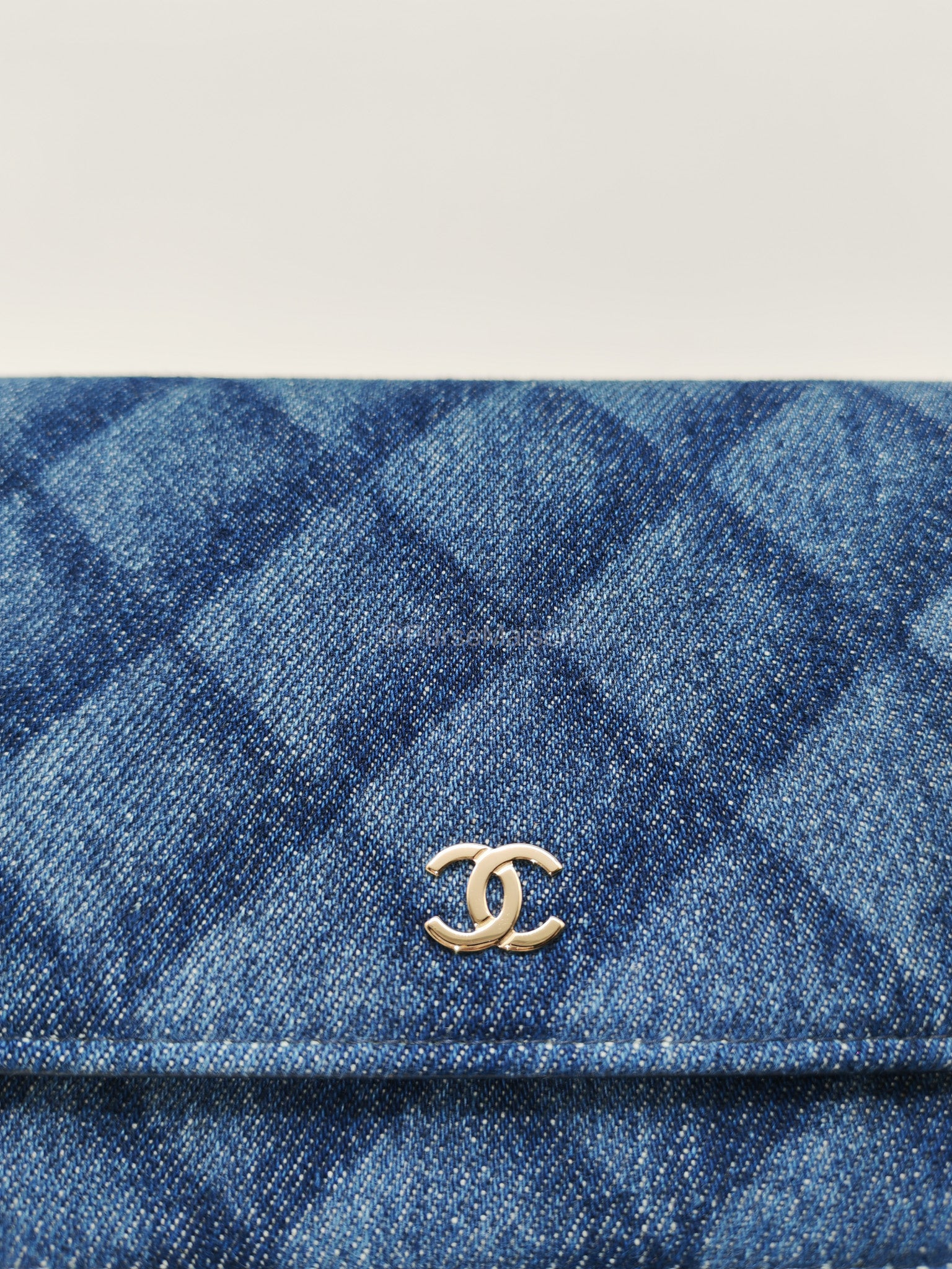 Chanel Classic Wallet on Chain (WOC) in Denim Fabric Canvas Light Gold (Microchip) | Purse Maison Luxury Bags Shop