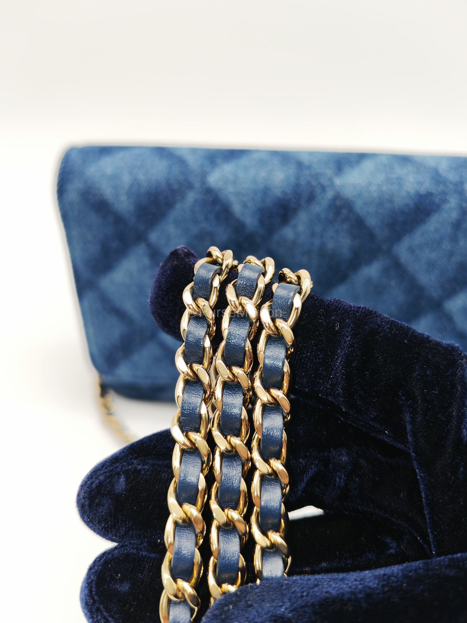 Chanel Classic Wallet on Chain (WOC) in Denim Fabric Canvas Light Gold (Microchip) | Purse Maison Luxury Bags Shop