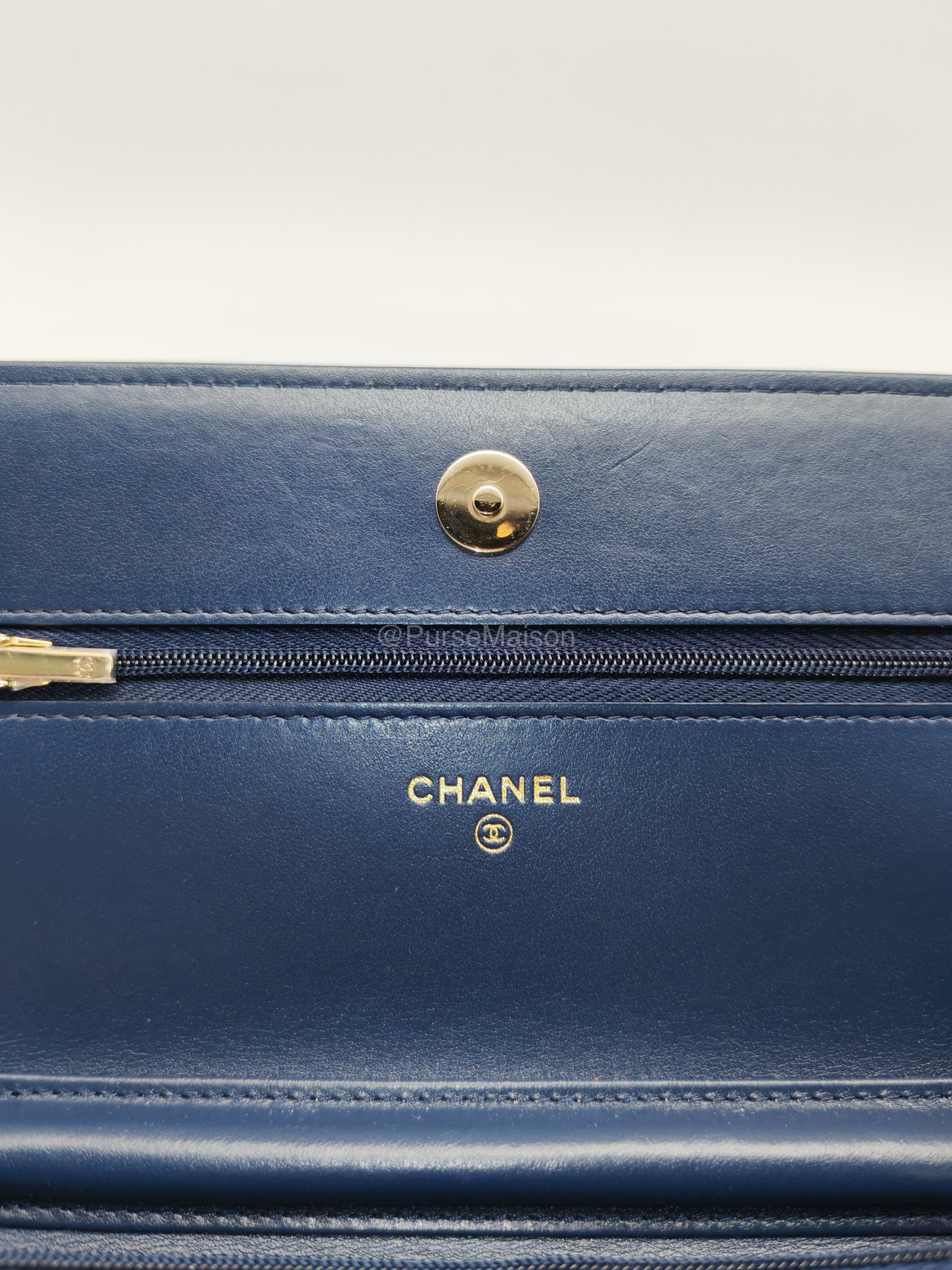 Chanel Classic Wallet on Chain (WOC) in Denim Fabric Canvas Light Gold (Microchip) | Purse Maison Luxury Bags Shop