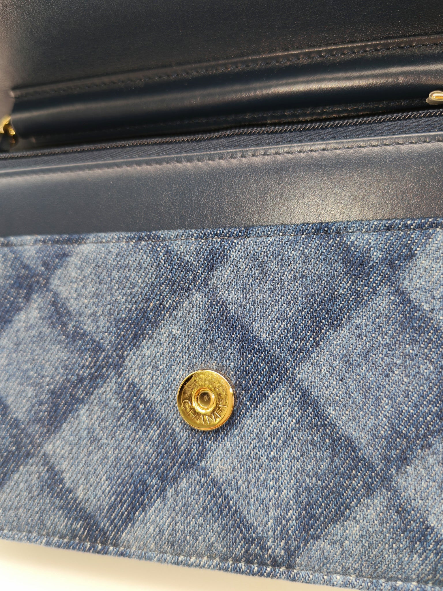 Chanel Classic Wallet on Chain (WOC) in Denim Fabric Canvas Light Gold (Microchip) | Purse Maison Luxury Bags Shop