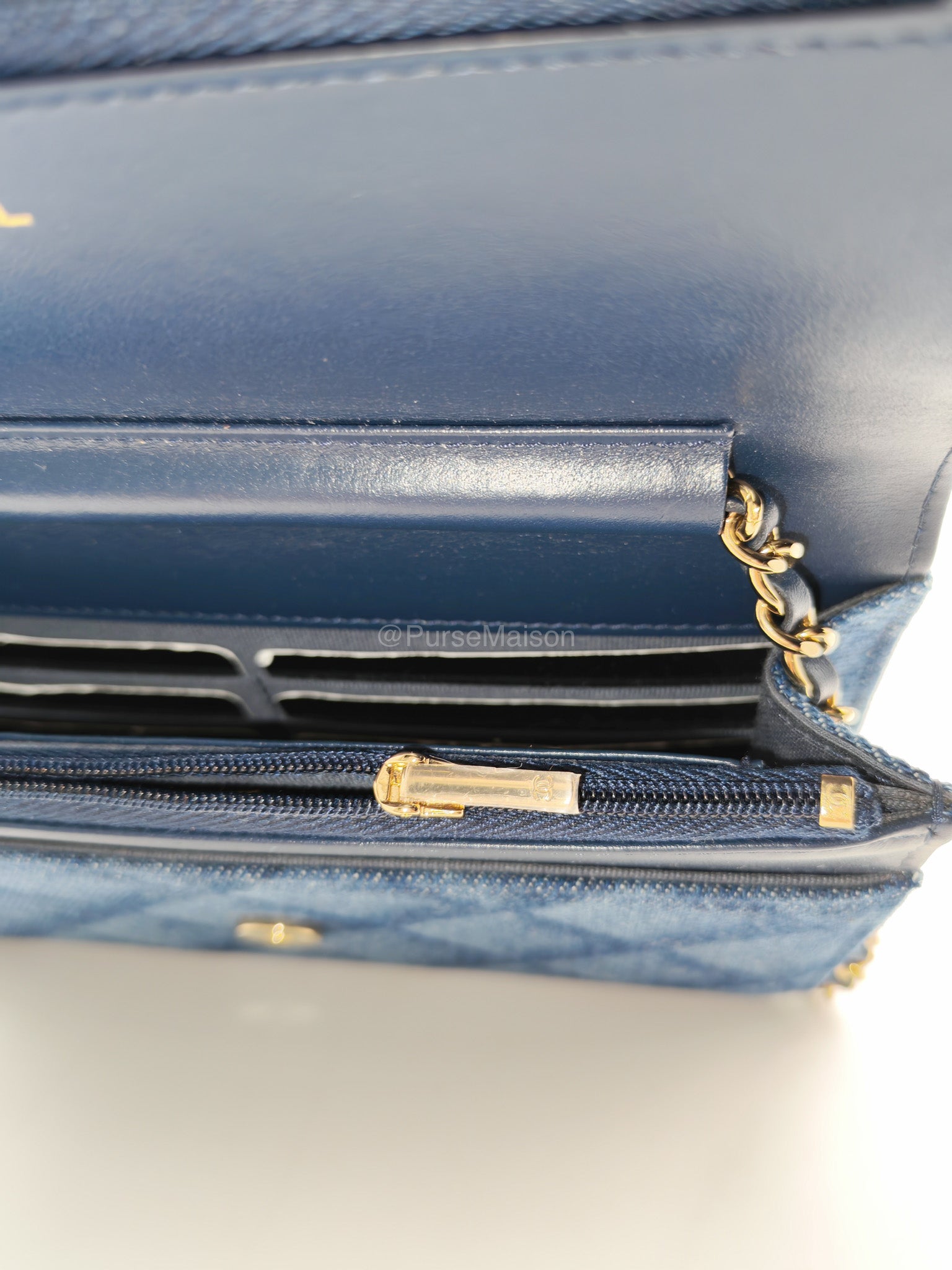 Chanel Classic Wallet on Chain (WOC) in Denim Fabric Canvas Light Gold (Microchip) | Purse Maison Luxury Bags Shop