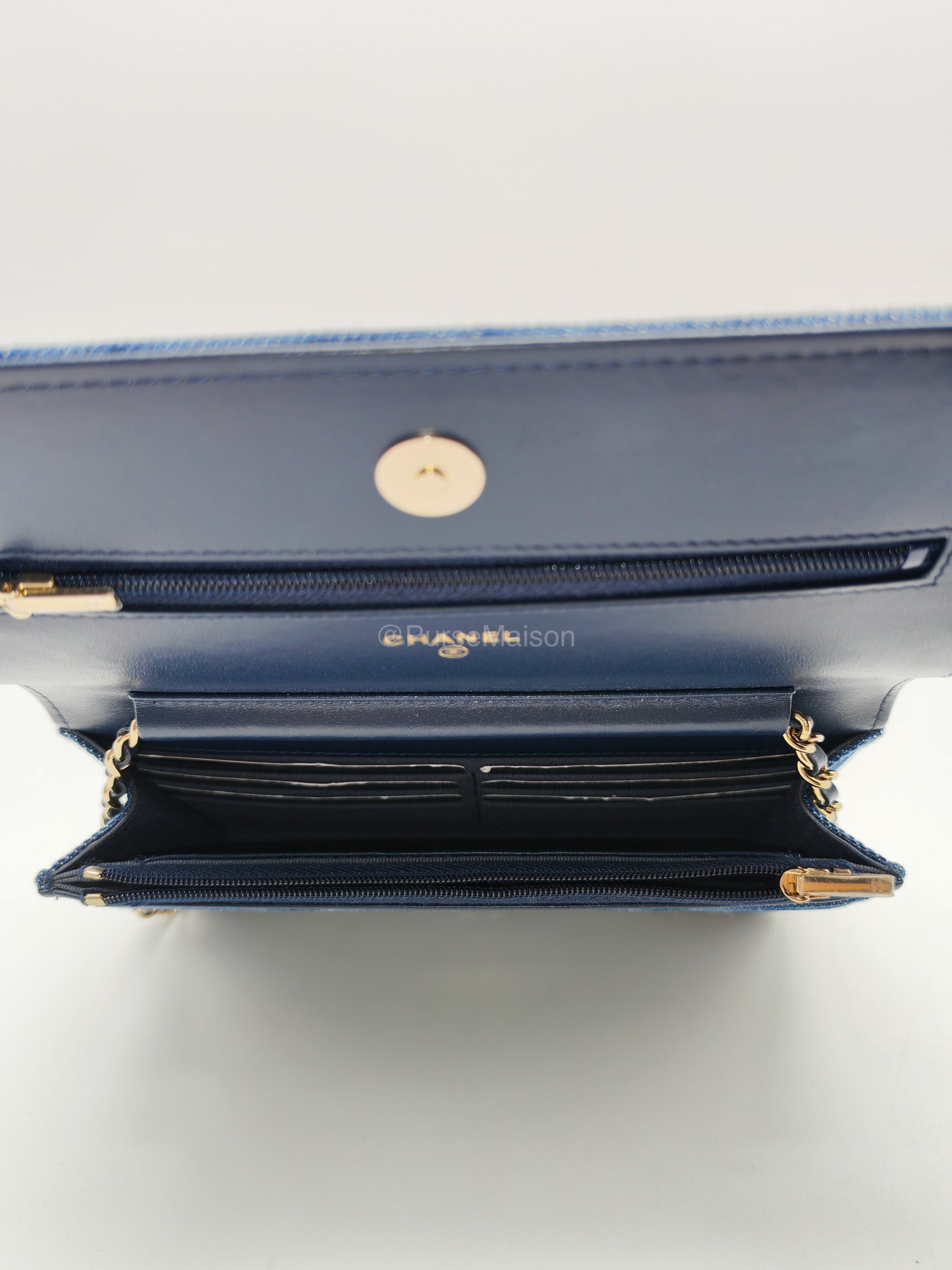 Chanel Classic Wallet on Chain (WOC) in Denim Fabric Canvas Light Gold (Microchip) | Purse Maison Luxury Bags Shop