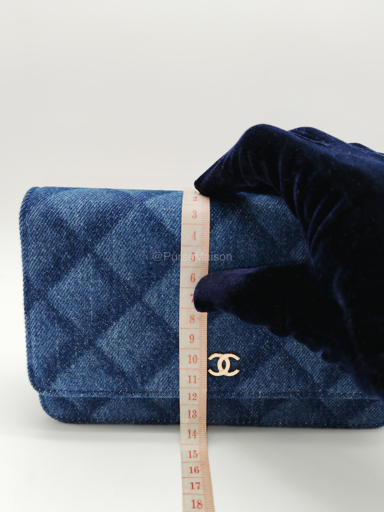 Chanel Classic Wallet on Chain (WOC) in Denim Fabric Canvas Light Gold (Microchip) | Purse Maison Luxury Bags Shop