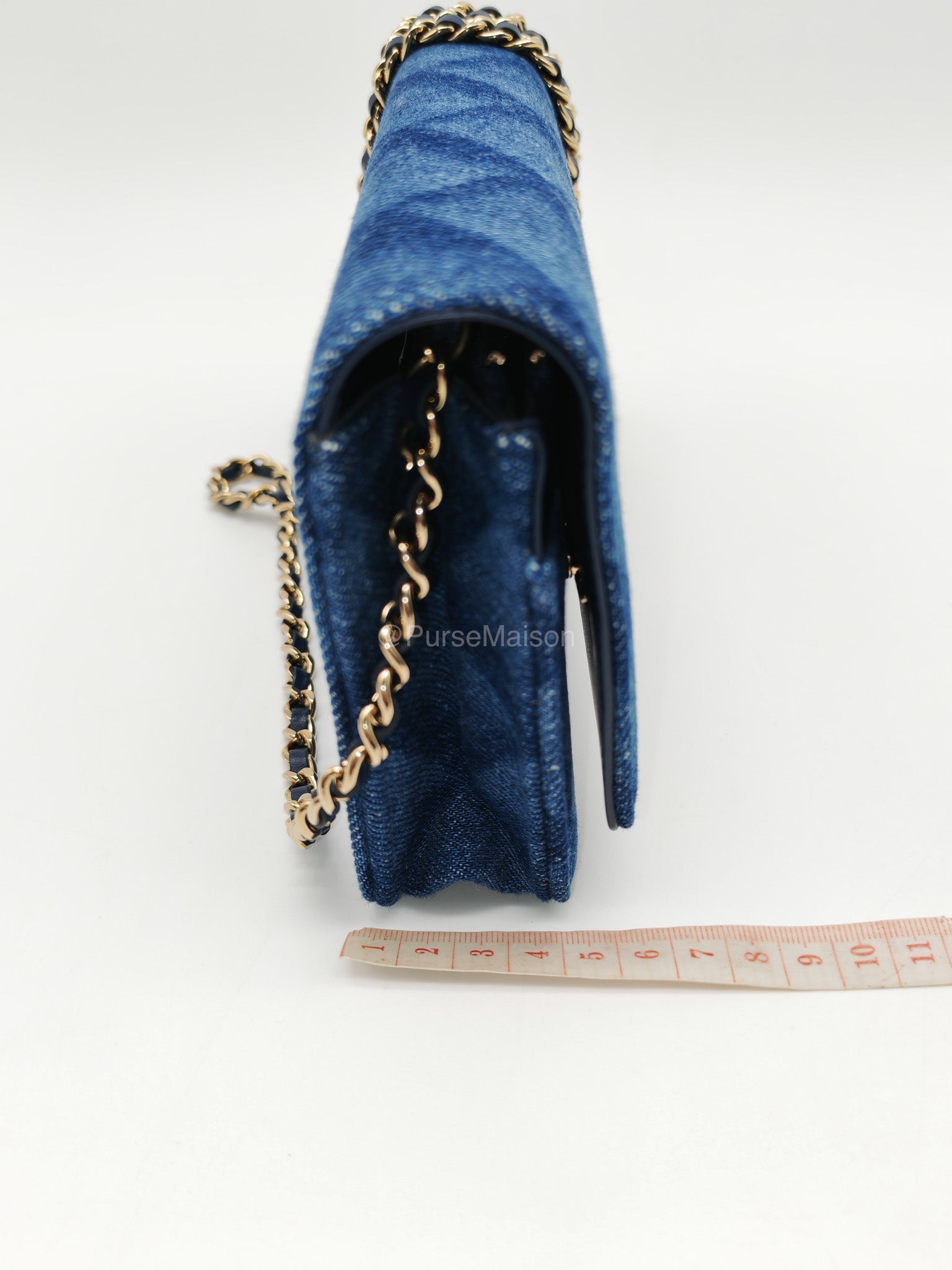 Chanel Classic Wallet on Chain (WOC) in Denim Fabric Canvas Light Gold (Microchip) | Purse Maison Luxury Bags Shop