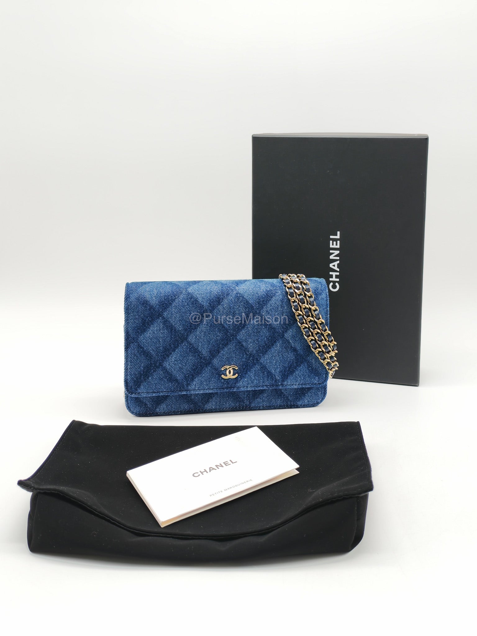 Chanel Classic Wallet on Chain (WOC) in Denim Fabric Canvas Light Gold (Microchip) | Purse Maison Luxury Bags Shop