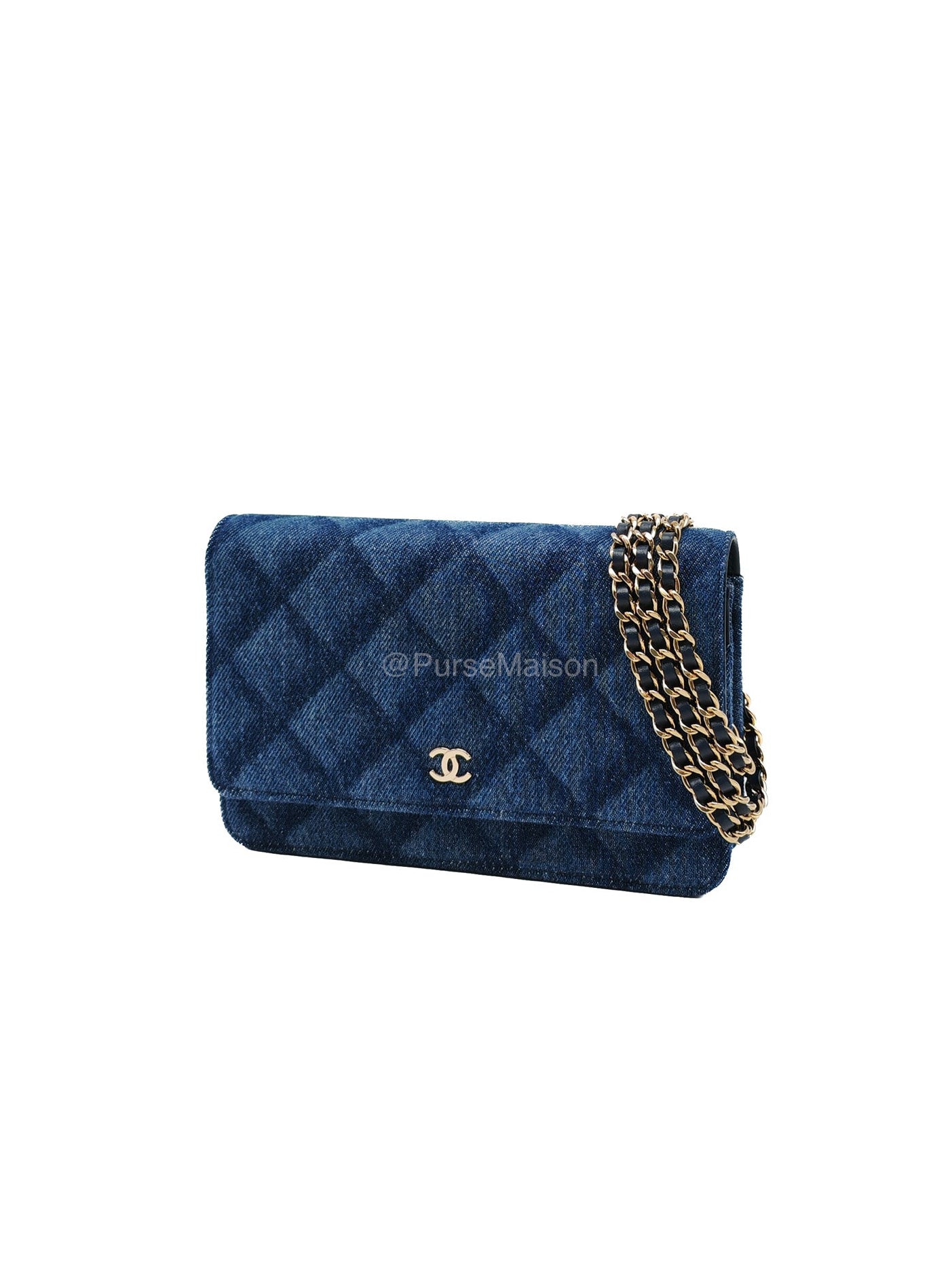 Chanel Classic Wallet on Chain (WOC) in Denim Fabric Canvas Light Gold (Microchip) | Purse Maison Luxury Bags Shop