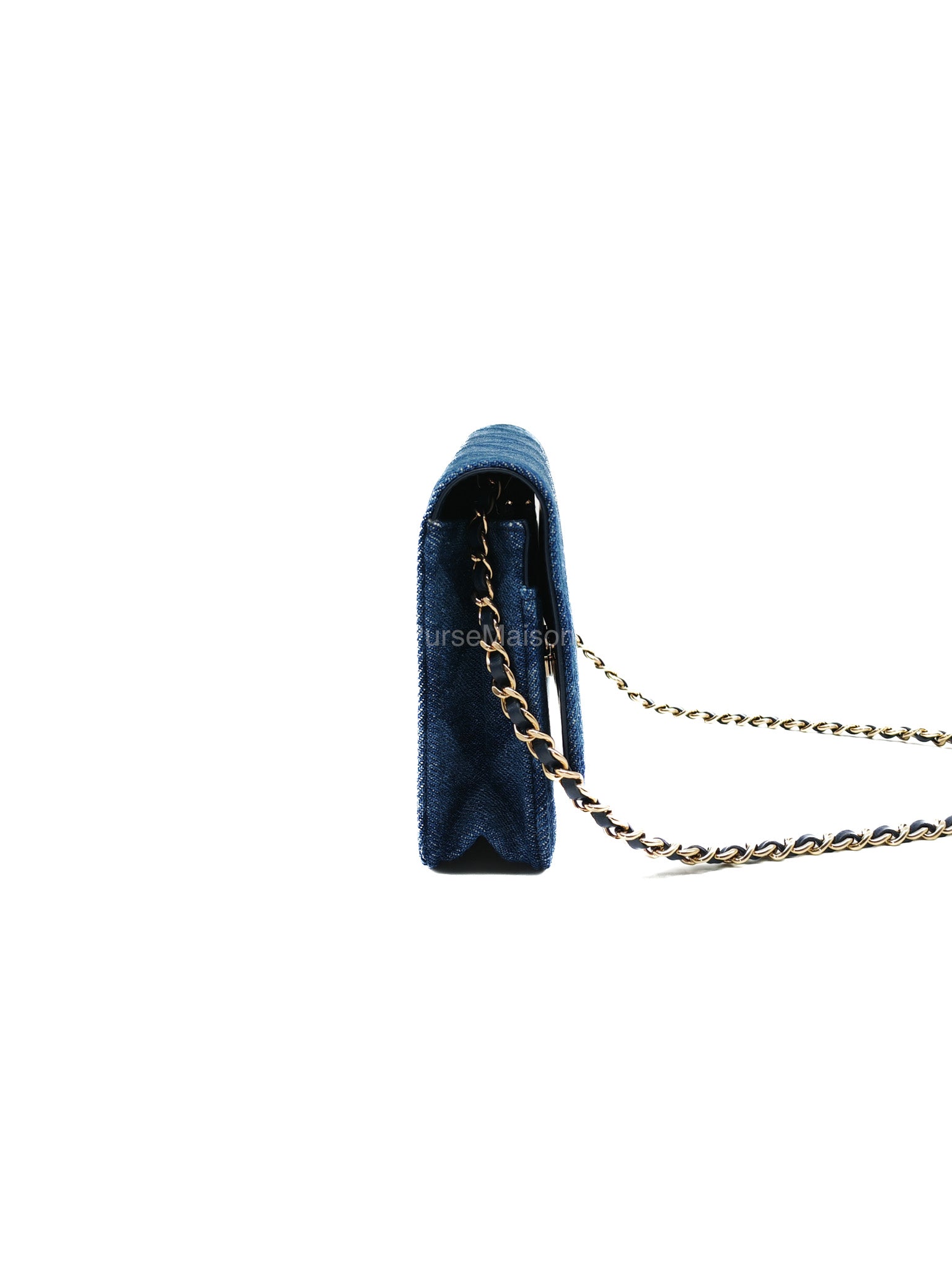 Chanel Classic Wallet on Chain (WOC) in Denim Fabric Canvas Light Gold (Microchip) | Purse Maison Luxury Bags Shop