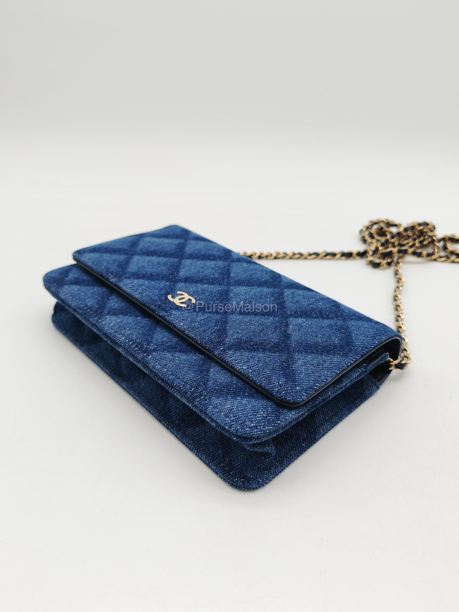 Chanel Classic Wallet on Chain (WOC) in Denim Fabric Canvas Light Gold (Microchip) | Purse Maison Luxury Bags Shop