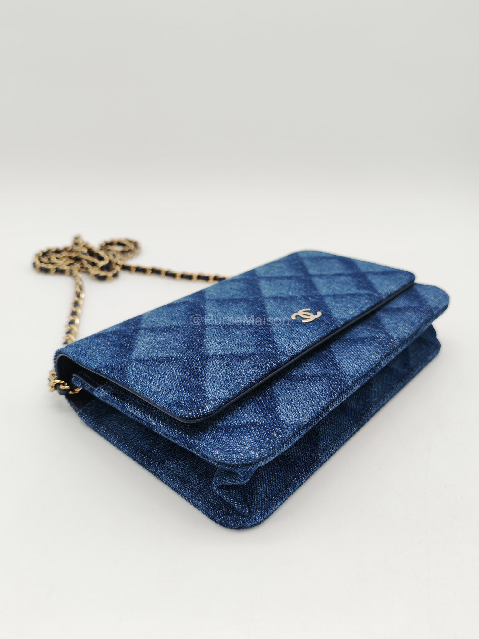 Chanel Classic Wallet on Chain (WOC) in Denim Fabric Canvas Light Gold (Microchip) | Purse Maison Luxury Bags Shop