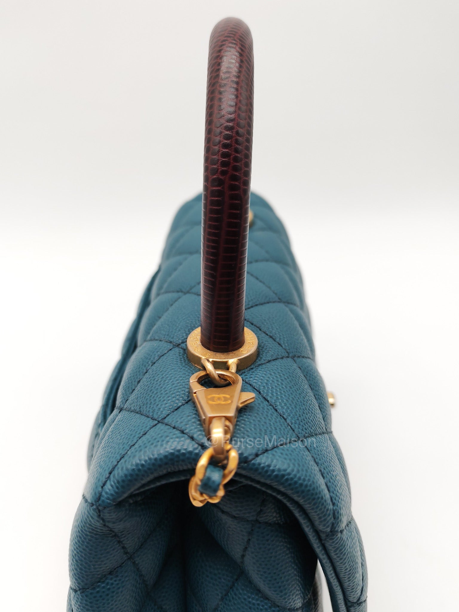 Chanel Coco Lizard Handle Small in Dark Turquoise Quilted Caviar Leather and Aged Gold Hardware Series 28 | Purse Maison Luxury Bags Shop