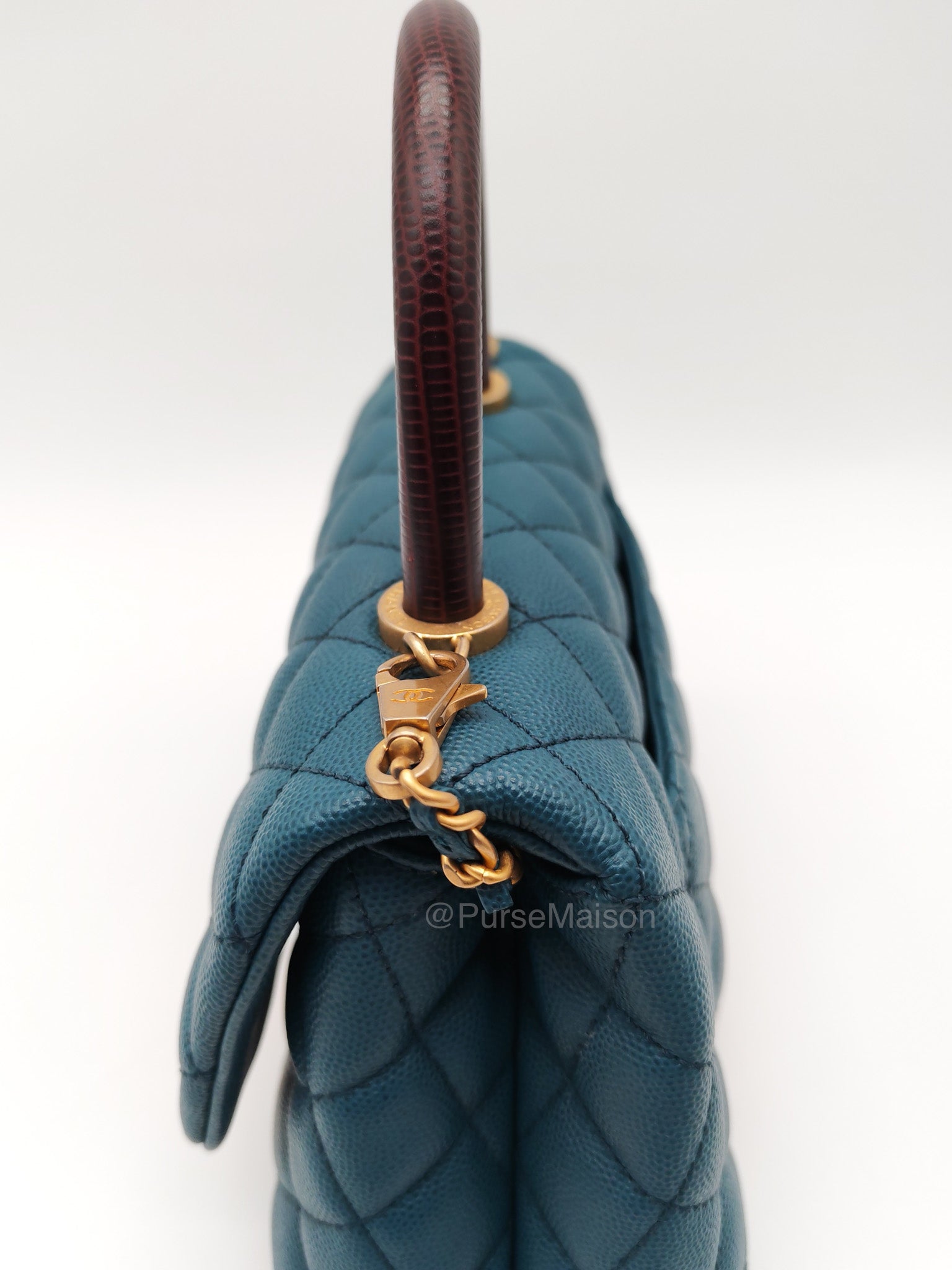 Chanel Coco Lizard Handle Small in Dark Turquoise Quilted Caviar Leather and Aged Gold Hardware Series 28 | Purse Maison Luxury Bags Shop